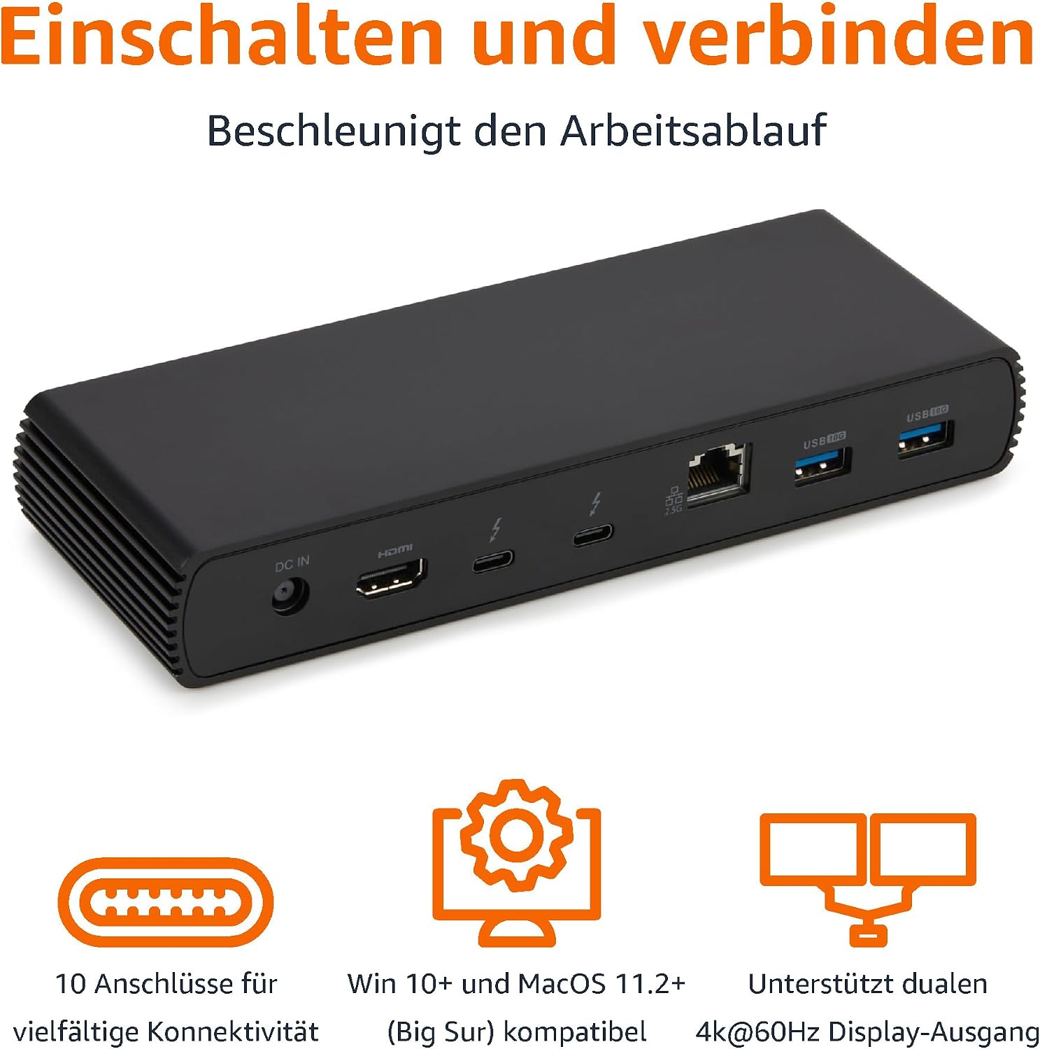 Detalle de Amazon Basics Thunderbolt 4/USB4 Pro-Dockingstation mit Dual-Display, HDMI 2.1, RJ45 und 96 W PD