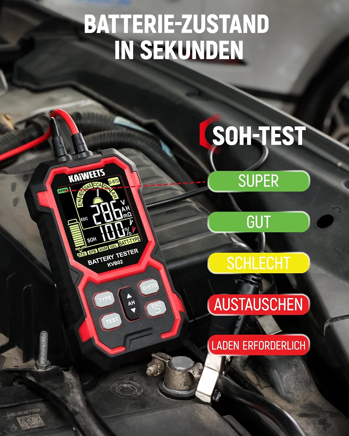 Thumbnail 2 de KAIWEETS Batterietester KFZ 12V/24V digital mit Kelvin-Technologie (KFZ, SUV, Motorrad)