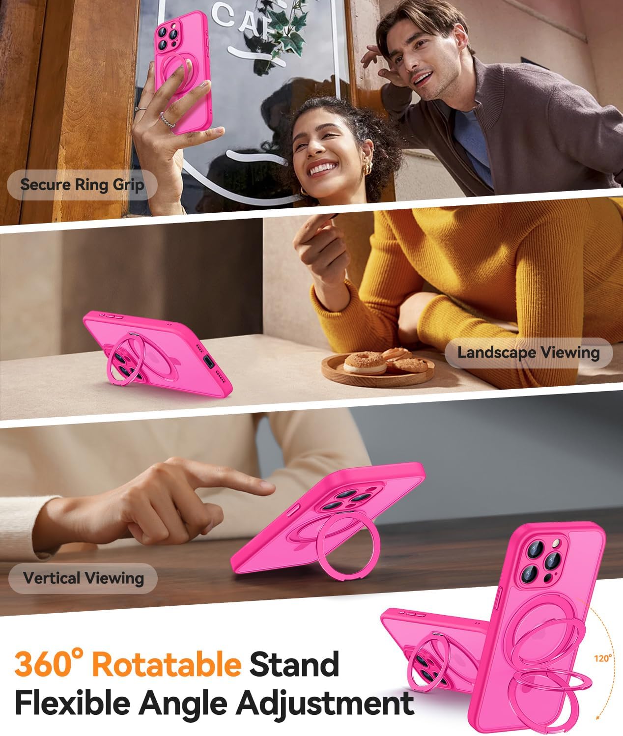 Detalle de CANSHN 360° Ständerhülle für iPhone 15 Pro – Kameraschutz, MagSafe, Matt Rosa