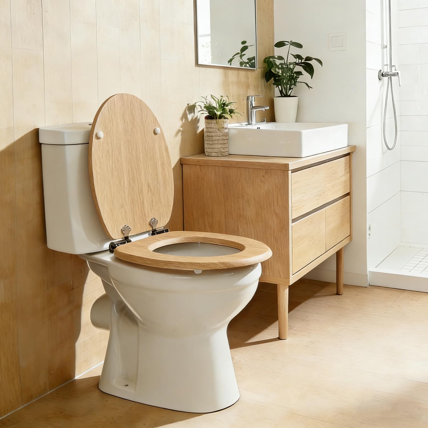 Detalle 2 de SAINOS MDF-Toilettensitz mit Soft-Close und verstellbaren Scharnieren – O-Form, 180 kg Tragkraft
