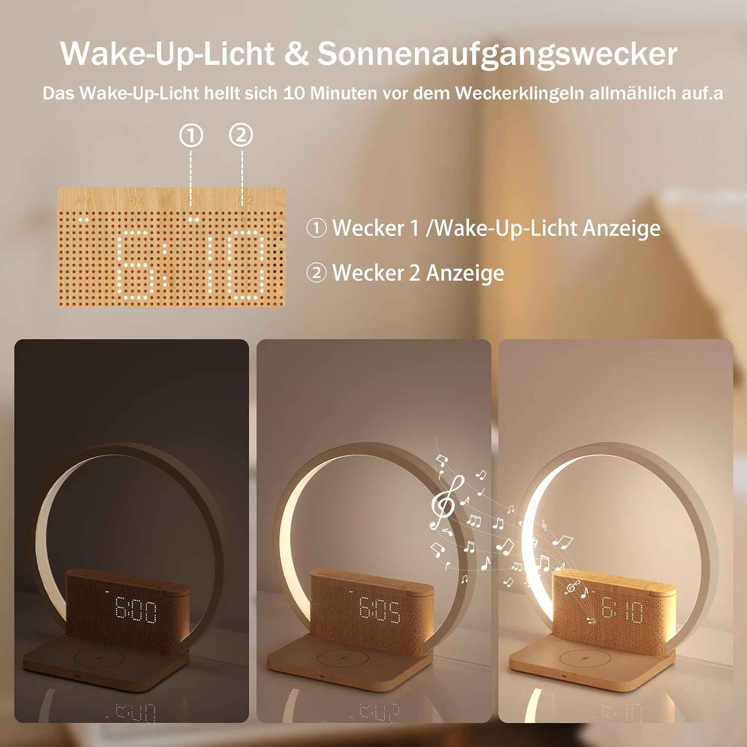 Detalle 2 de blonbar Tageslichtwecker & Nachttischlampe mit Ladefunktion (Qi), 3-Stufen Touch Dimmer