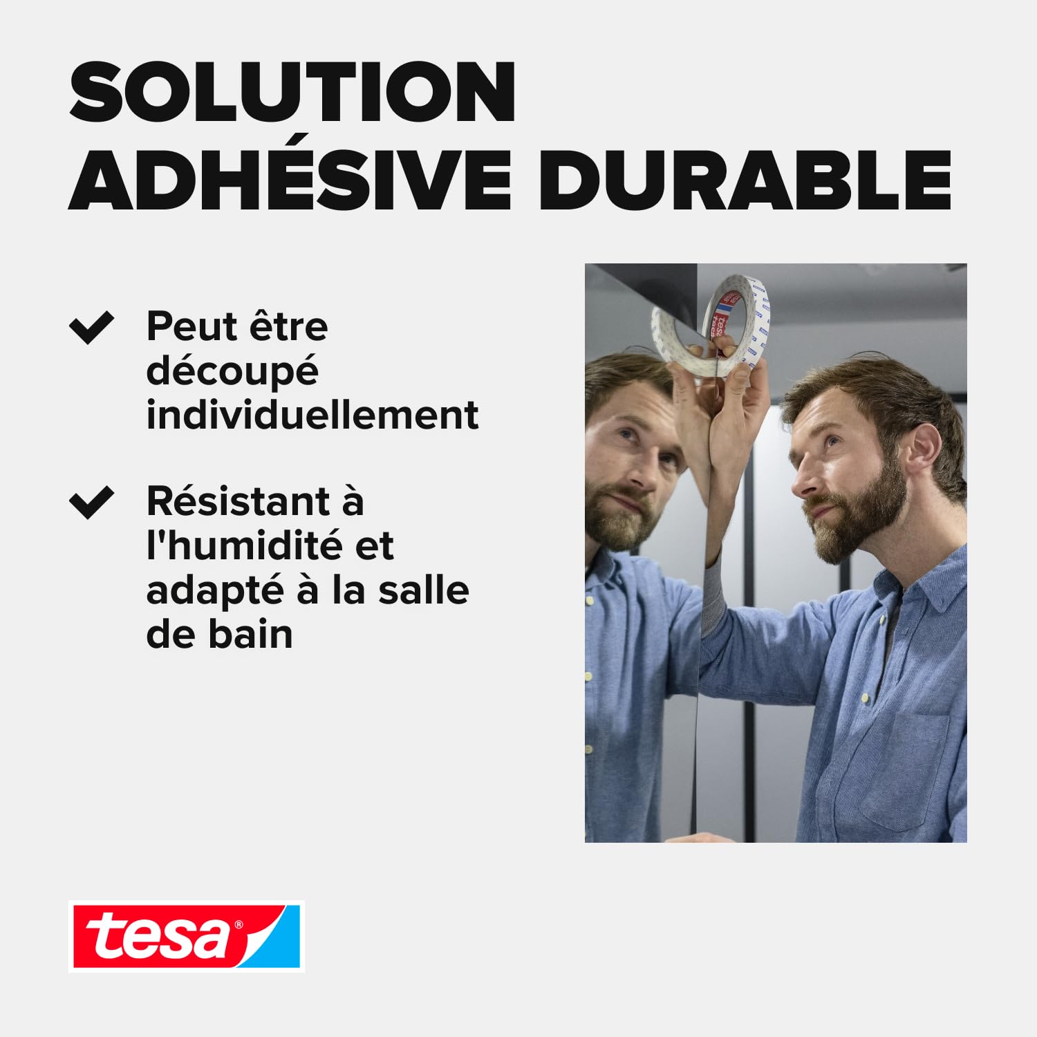 Detalle 2 de tesa Double-Face Montage Miroirs – Ruban adhésif pour fixation sans vis en pièces humides (5 m x 1,9 cm)