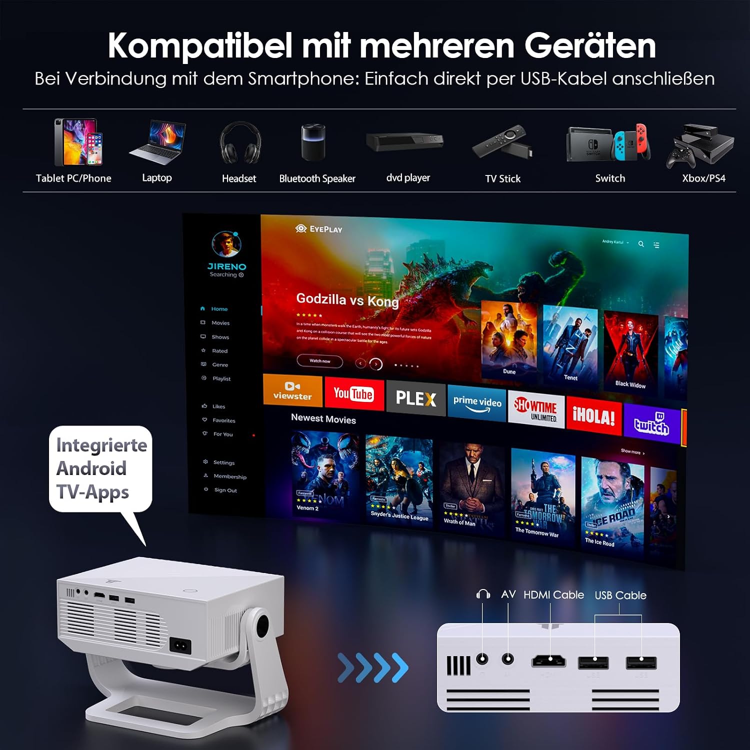 Detalle de Wielio Smart Beamer – kompakter Heimkino-Beamer mit integrierter App, 4K-Unterstützung und flexiblem Ständer
