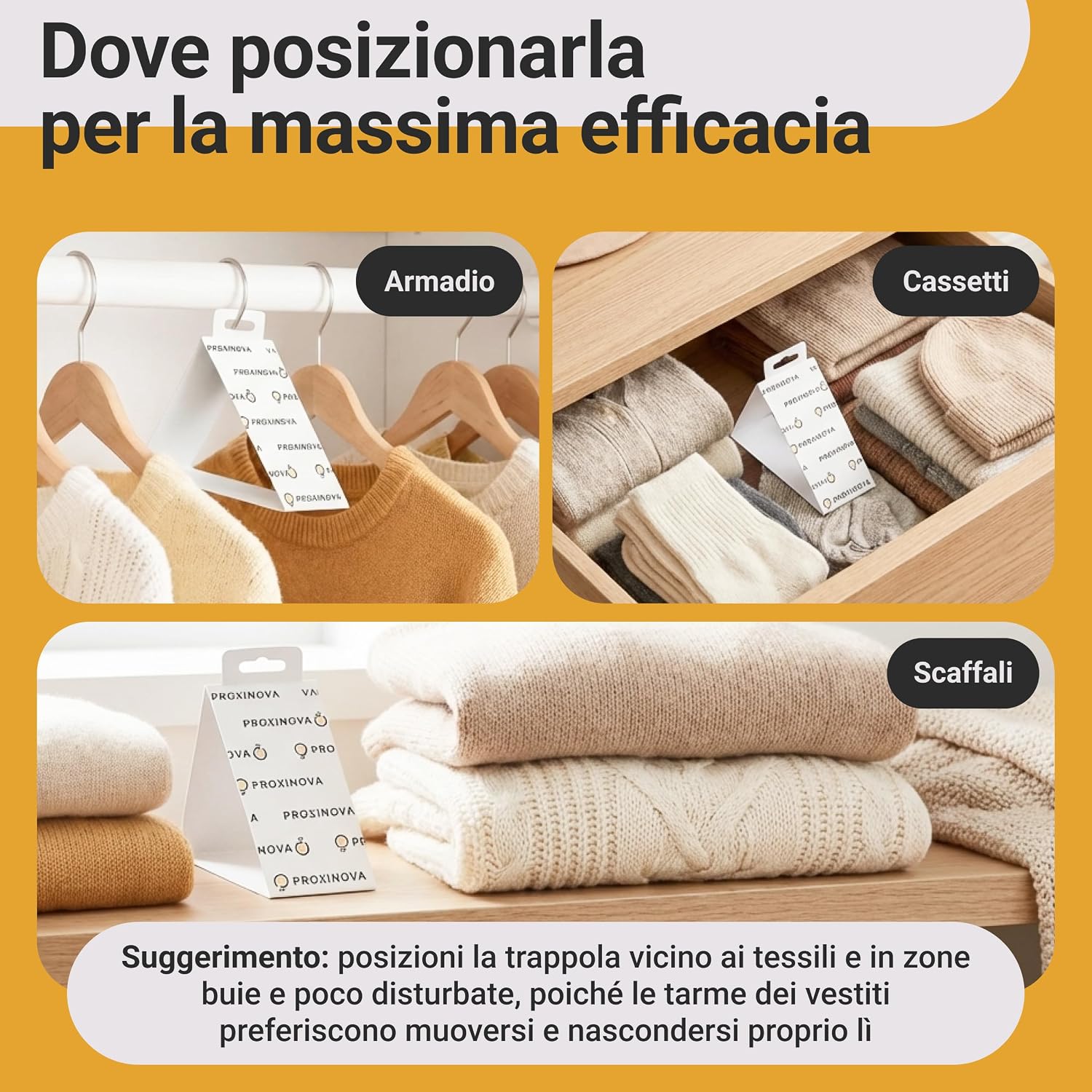 Detalle 2 de Proxinova Antitarme per Armadi Vestiti – Trappole Adesive per Monitoraggio Discreto (8 fogli, 3 mesi) – Biocide Free