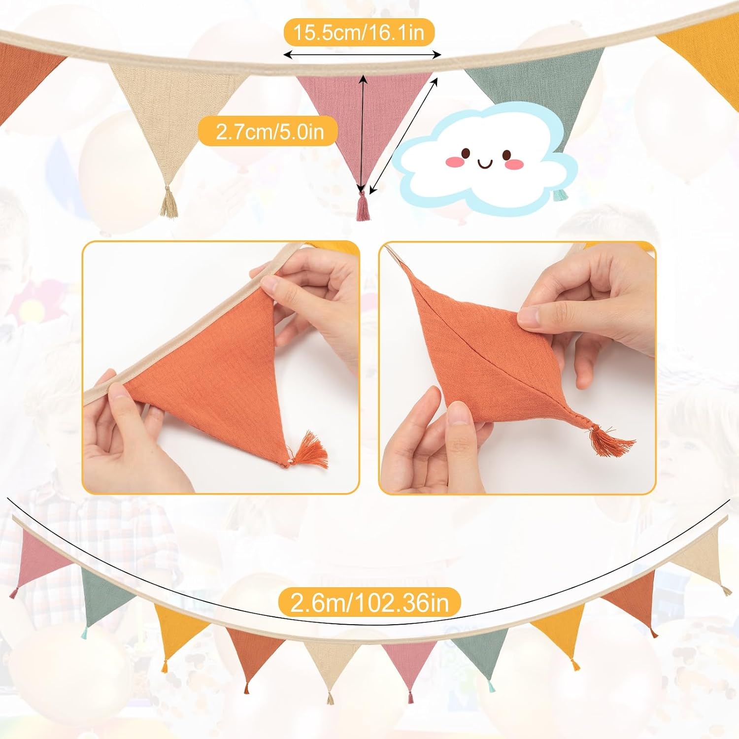 Thumbnail 1 de Fabric Bunting Banner Triangle Baby Bunting for Nursery – 2.6 m, 10 Flags, Organic Cotton with Rainbow Tassels