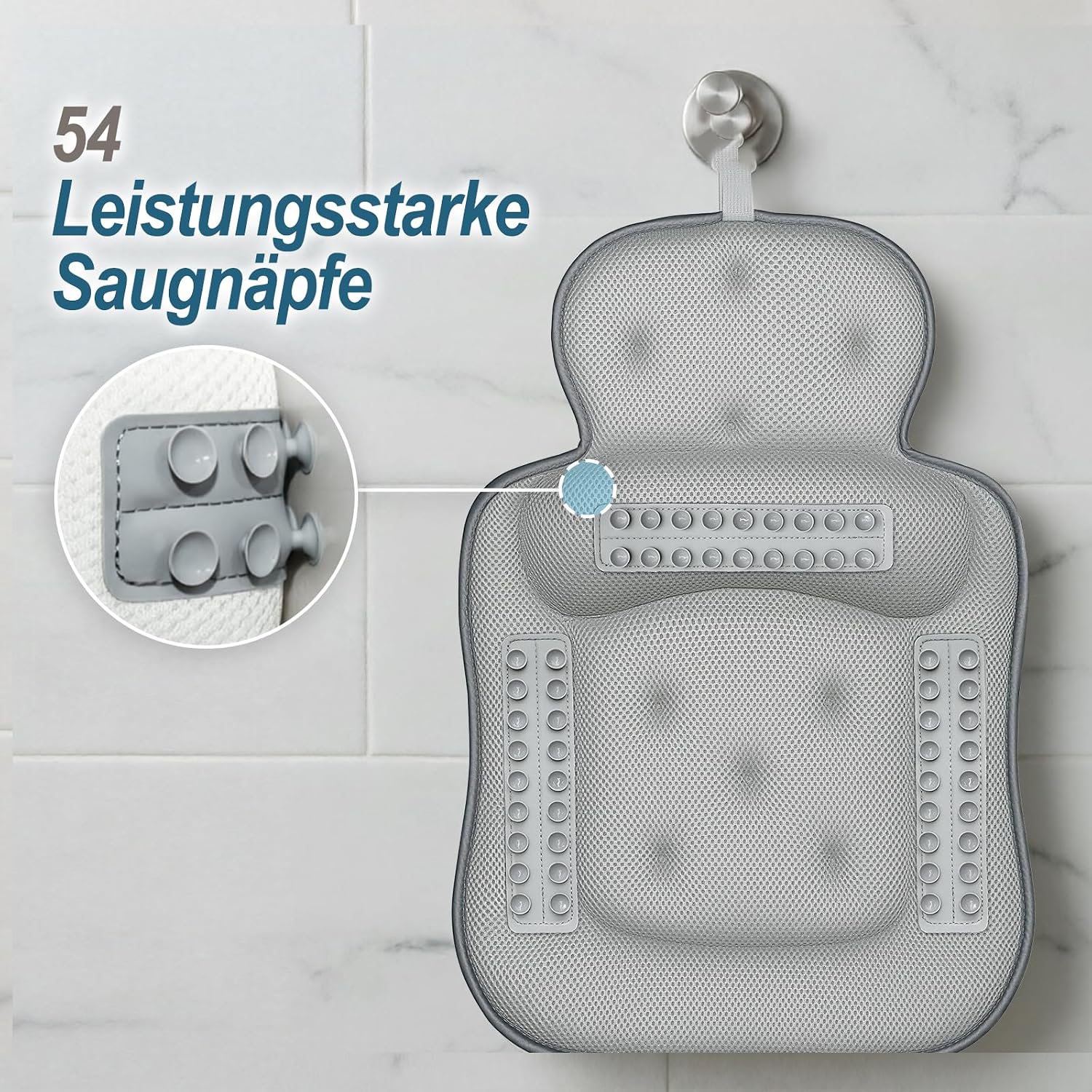 Thumbnail 5 de Badewannenkissen für Kopf, Nacken und Rücken – 54 Saugnäpfe, 3D Air Mesh Grau