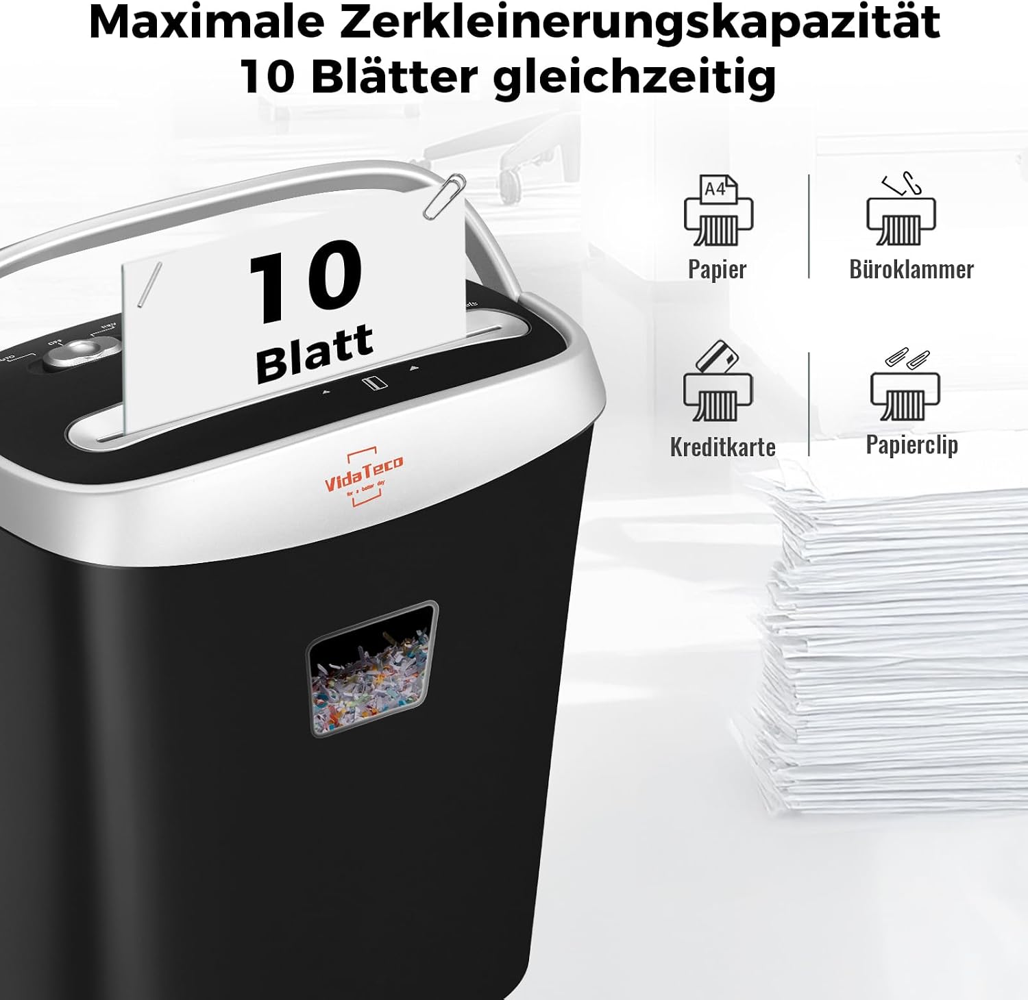 Thumbnail 1 de VidaTeco Schredder Aktenvernichter 10 Blatt Kreuzschnitt P-4, 15L – ideal fürs Home Office