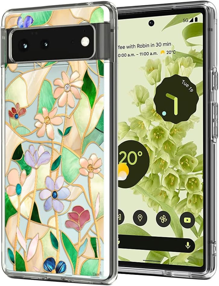 Detalle de Unov Case for Pixel 6 5G: Clear Florals TPU Back Cover with Raised Edges