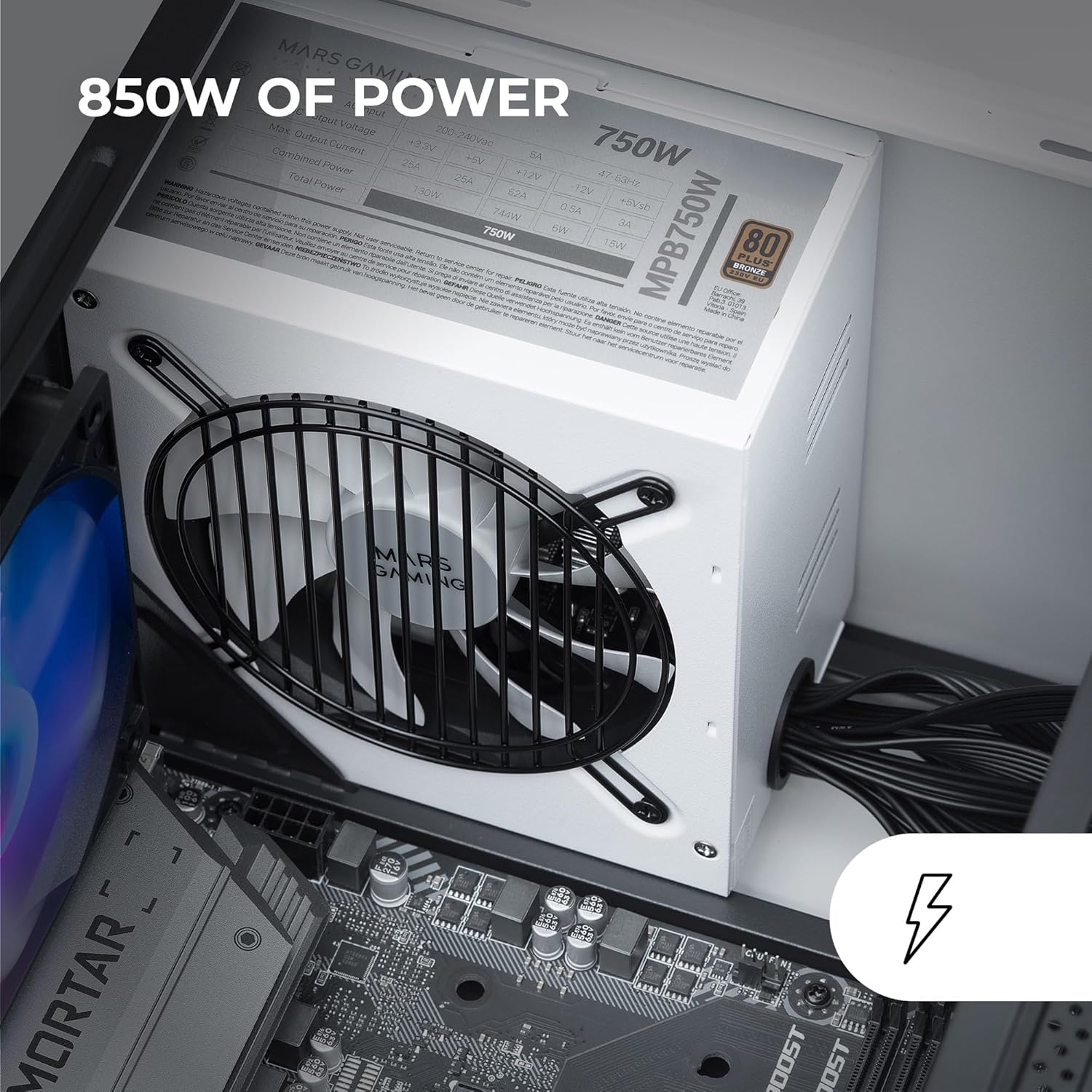 Thumbnail 1 de Mars Gaming MPIII850 – Alimentation PC ATX 850 W 5 ans, rendement 85% et ventilateur AI-RPM FDB