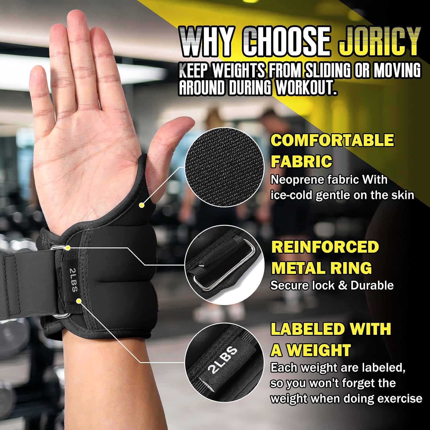 Detalle de JORICY J-weight-002-black4LB Wrist Weights, 2 lb Each, Thumb Loops
