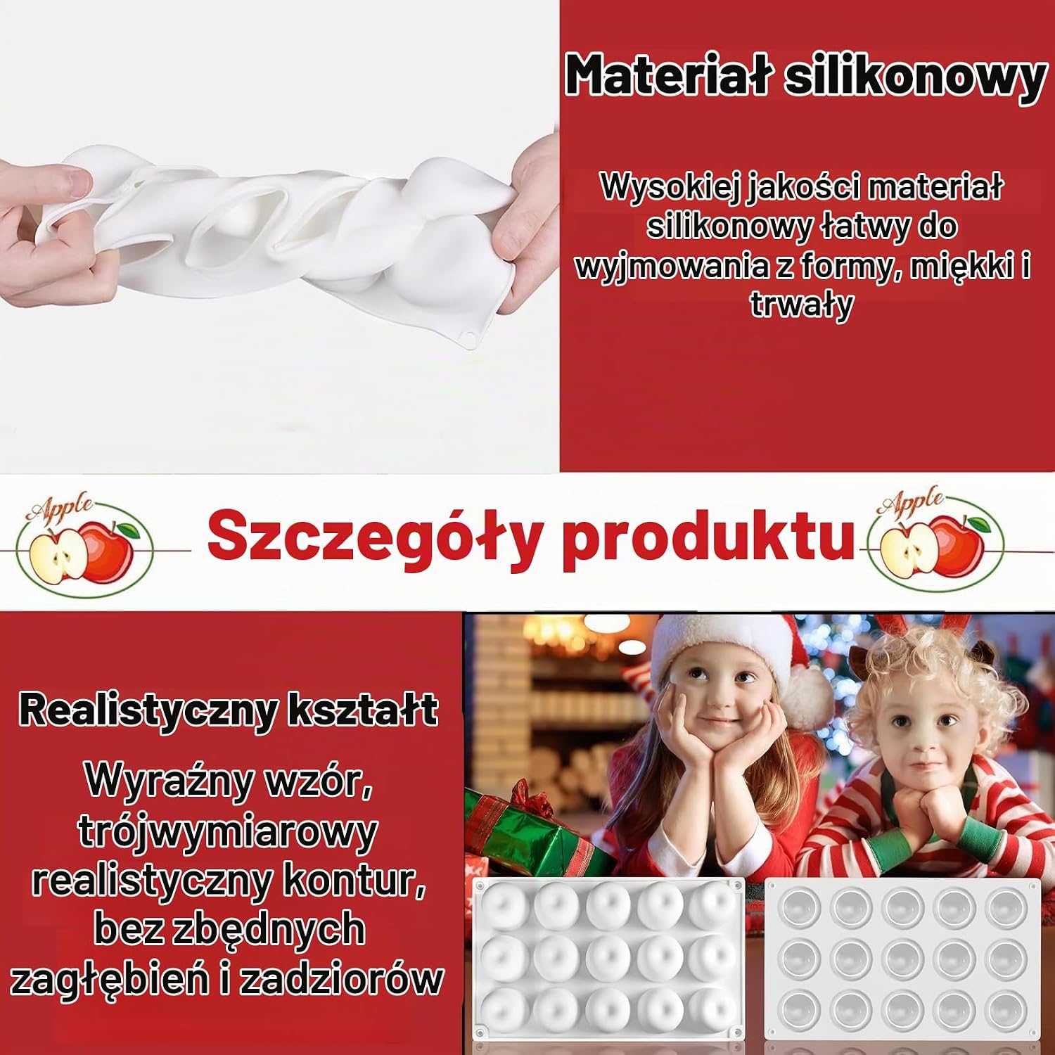 Detalle de CALLYSONIC 001 silikonowa forma 3D do jabłek, 15 gniazd, Ø 43 mm, biała
