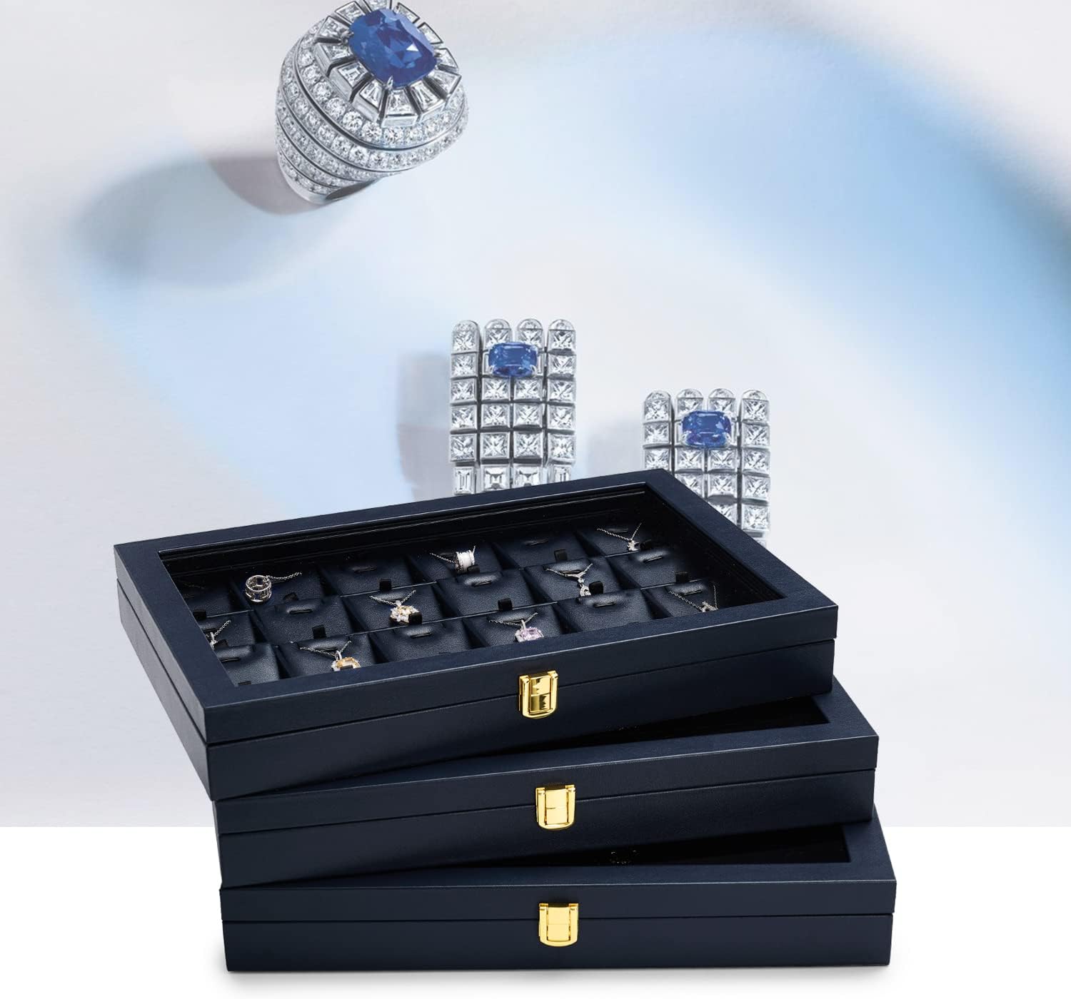 Thumbnail 8 de Papten Bandeja apilable para joyas con tapa de piel azul💍