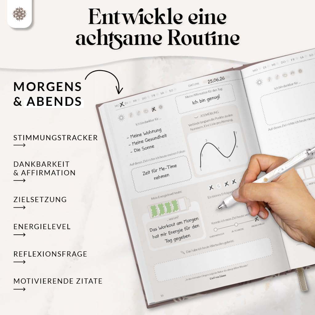 Detalle de LEBENSKOMPASS 5 Minuten Achtsamkeitstagebuch „Hazel“ – Journal für Dankbarkeit, Achtsamkeit, Selbstliebe & Motivation (DIN A5)