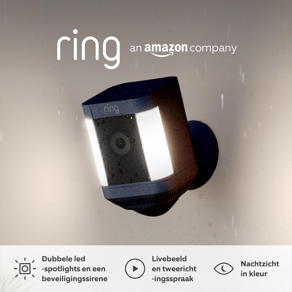 Detalle de Ring Spotlight Cam Plus cablata con faretti: videos 1080p, audio bidirezionale e sirena integrata