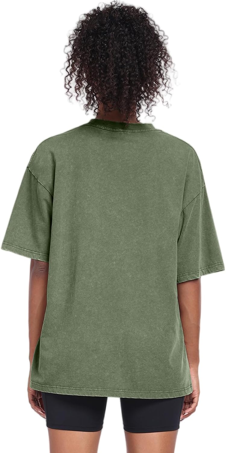 Detalle 2 de SnowElve Washed Vintage Oversized T-Shirt for Women & Unisex (Short Sleeve Cotton Acid Wash Crew Neck)