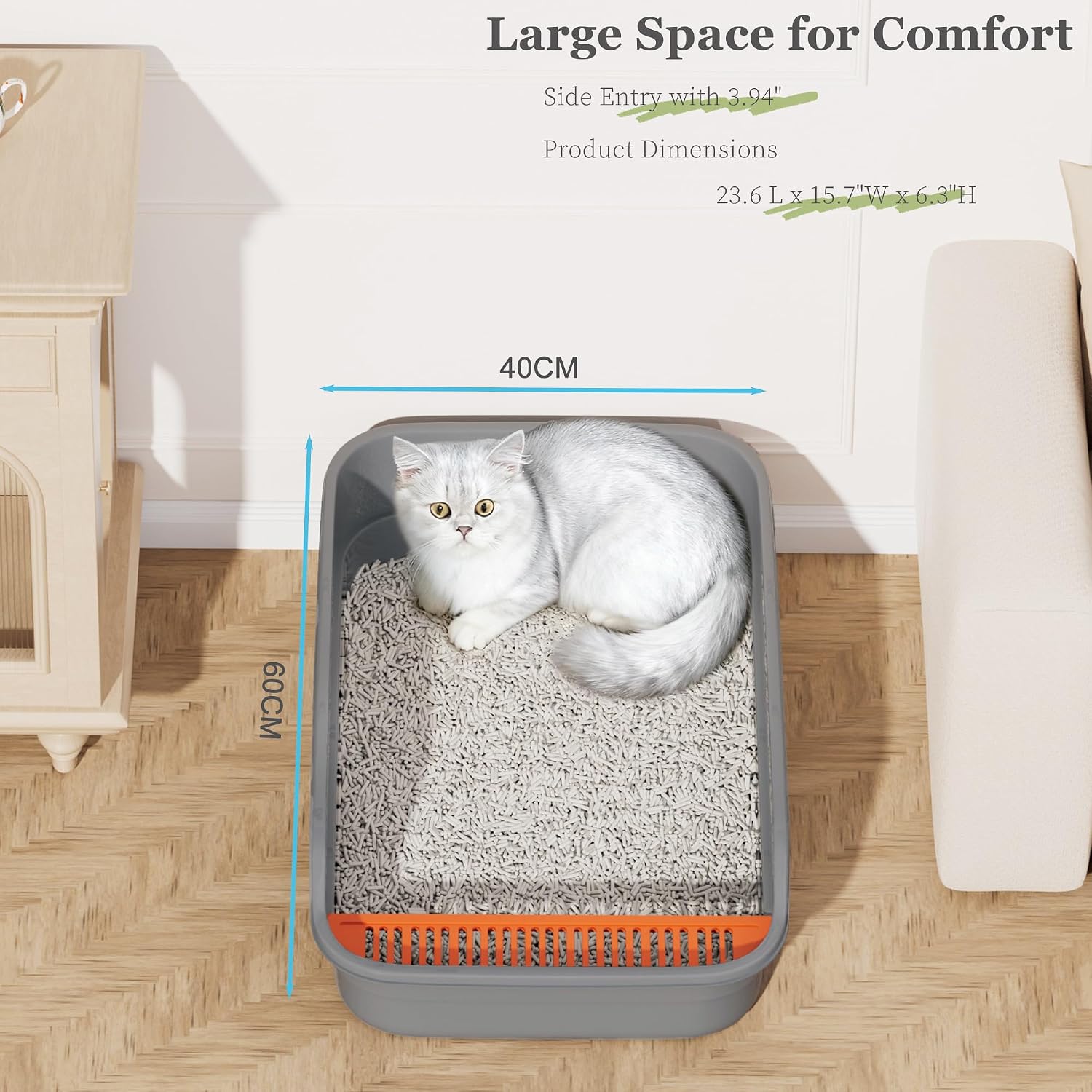Detalle de Vealind Large Cat Litter Tray with High Sides and Low Entry (60 x 40 x 16 cm)