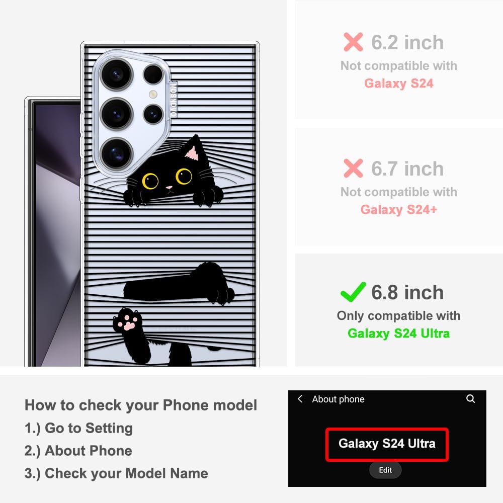 Thumbnail 1 de MOSNOVO Case for Samsung Galaxy S24 Ultra (Buffertech 6.6ft Military-Grade Drop Protection) Clear TPU Bumper + Hidden Black Cat Design