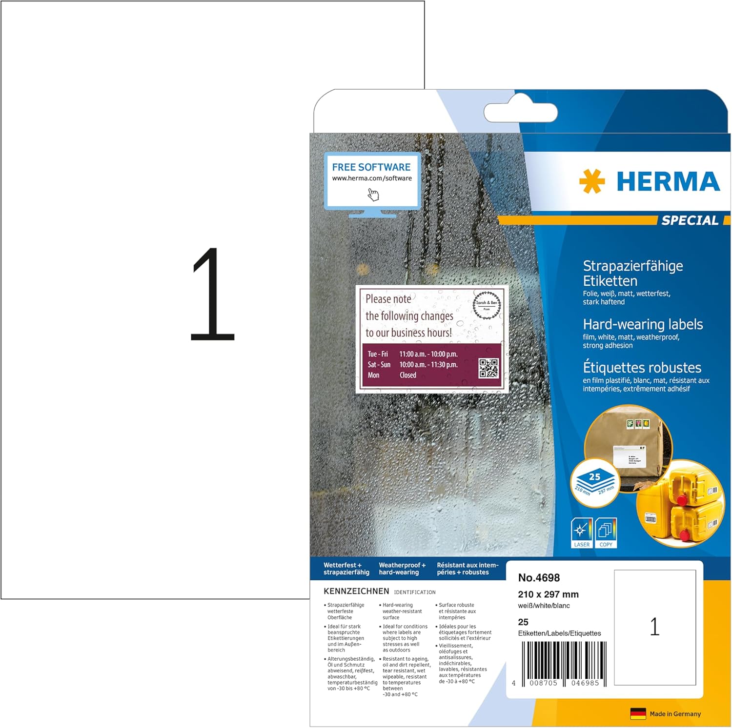 Detalle de HERMA Etichette Impermeabili 210 x 297 mm – Etichette A4 per stampante laser, 25 etichette per foglio, bianco