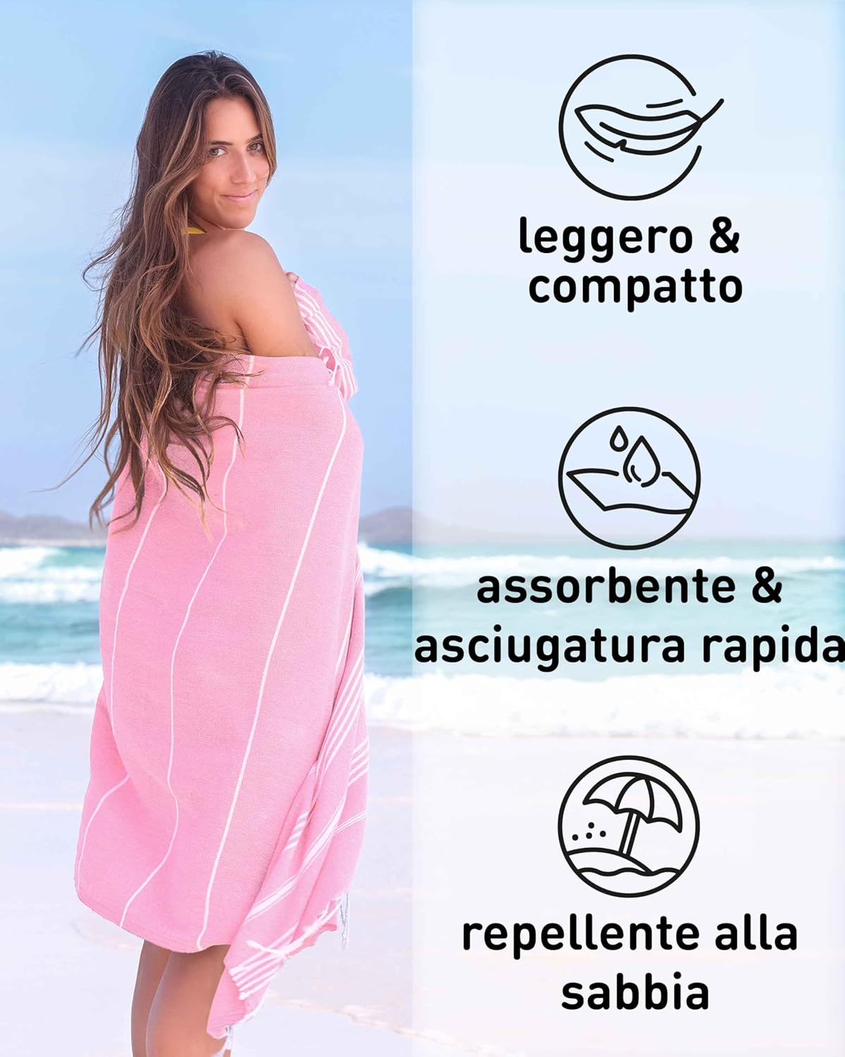 Detalle 2 de Fit-Flip Telo hammam – 100% cotone, 100x200 cm, rosa – fouta XXL per mare, sauna e doccia