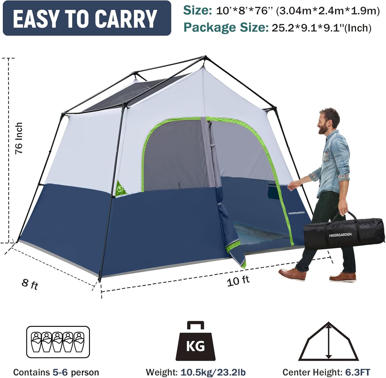 Detalle de HIKERGARDEN Campingzelt für 5–8 Personen – Robustem Familien-Kabinenzelt für Outdoor-Cans