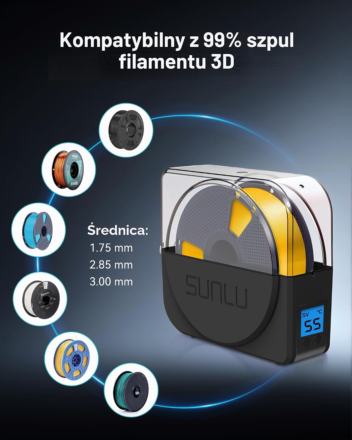 Detalle de SUNLU S1 suszarka do filamentu 3D z regulacją temperatury i czasu