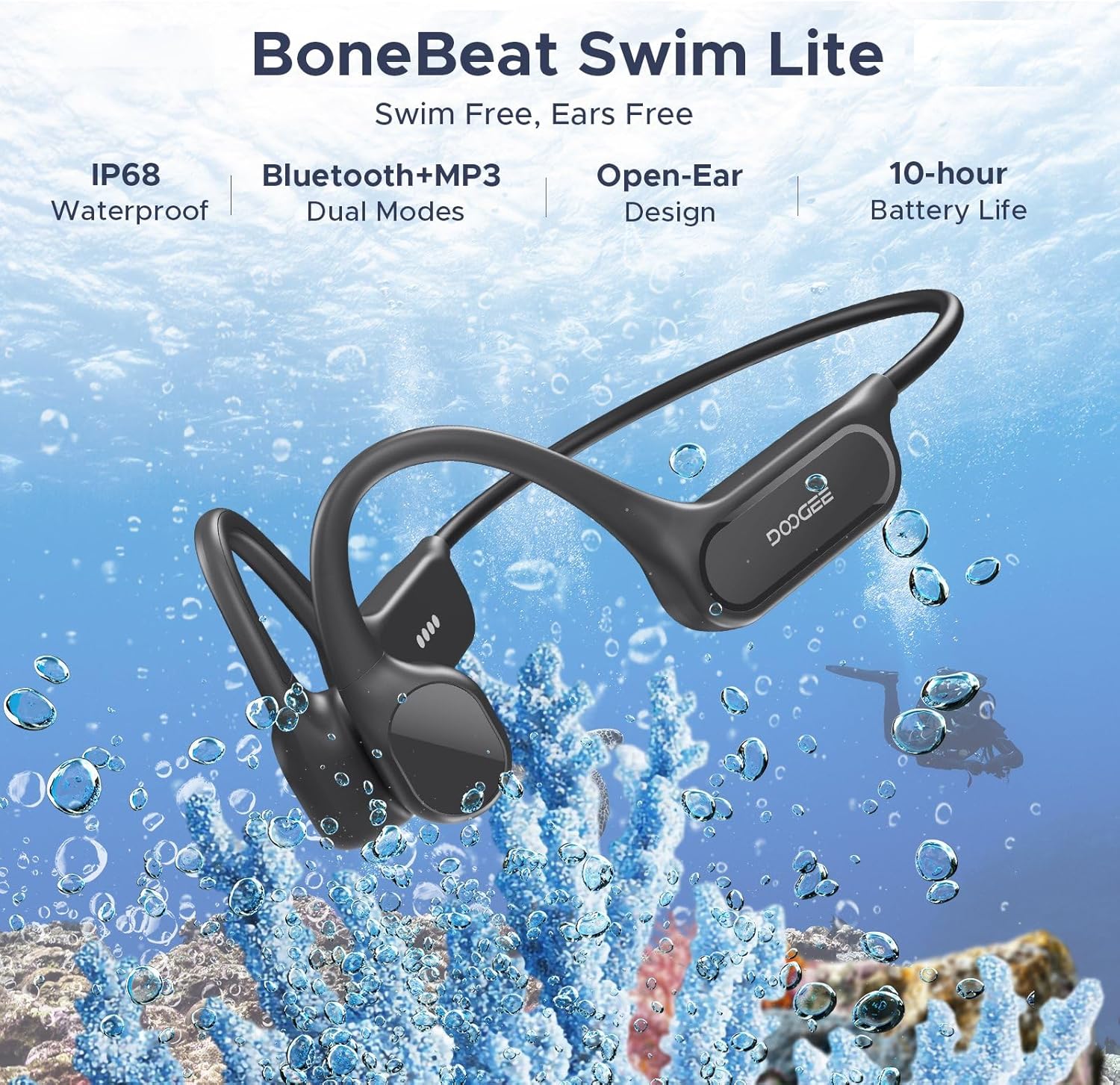 Detalle de Luzglo Bone Conduction Headphones IP68 Waterproof for Swimming with 32GB MP3 and Bluetooth 5.4