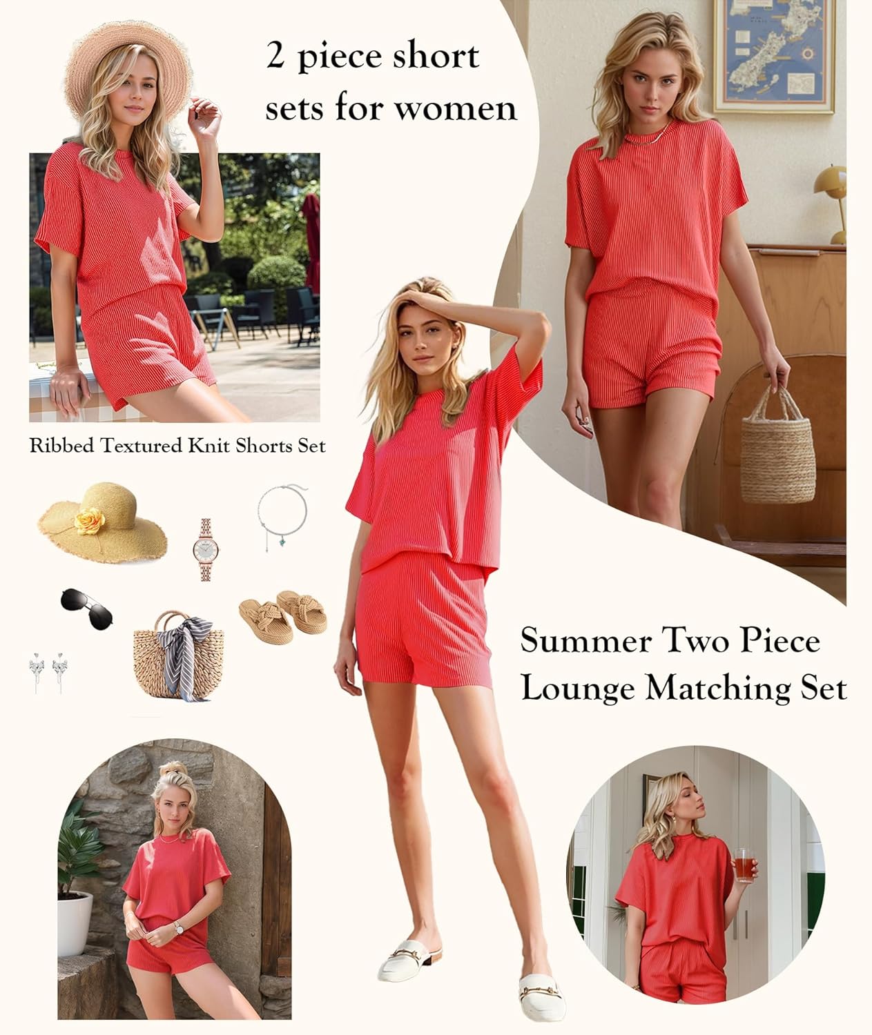Detalle de MARZXIN Women’s 2-Piece Shorts Set (2026) — Ribbed Knit Casual Summer Lounge & Travel Outfit