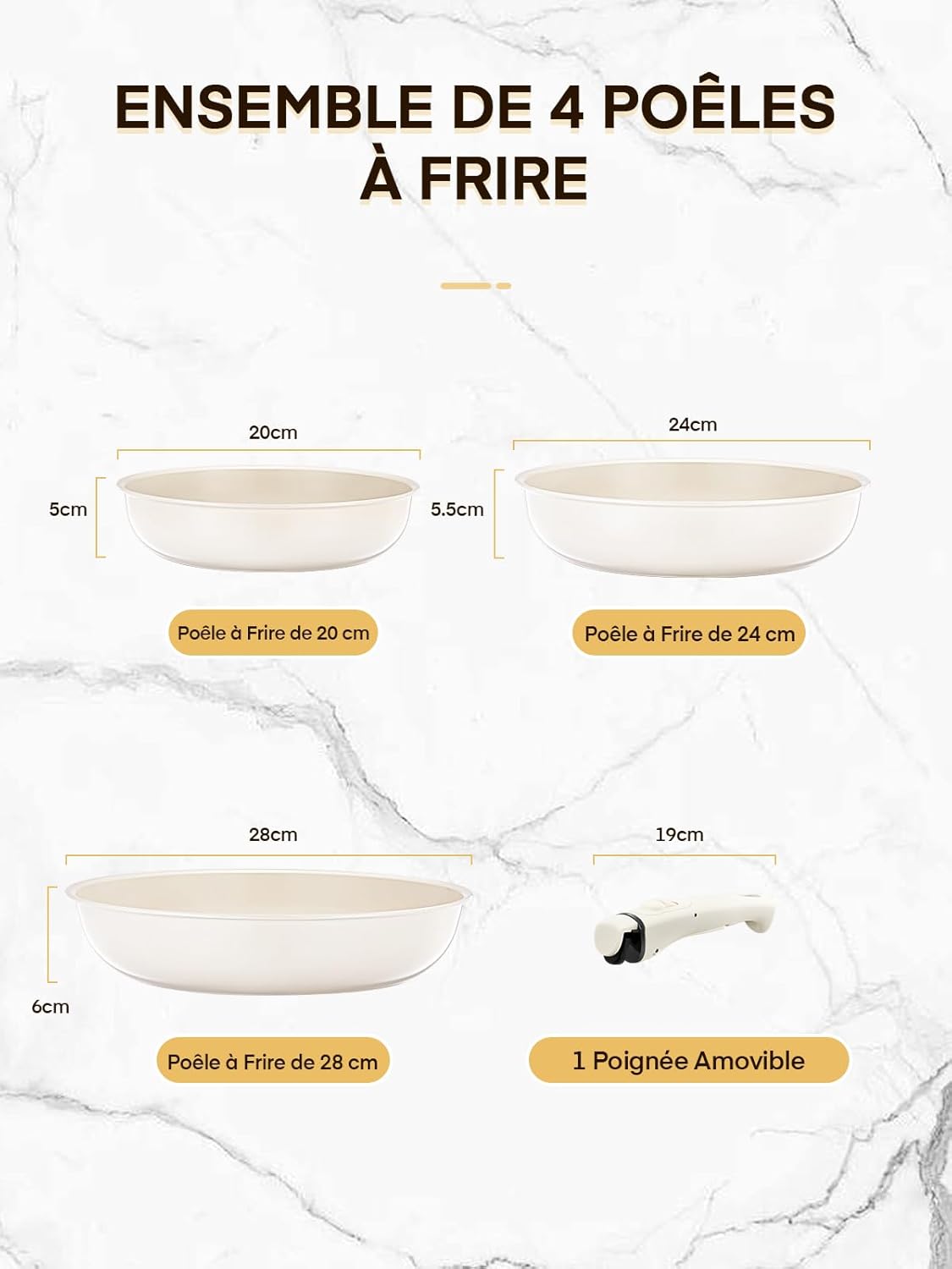 Thumbnail 1 de FOHERE lot de 3 poêles 20/24/28 cm avec poignée amovible (induction, céramique, passe au four)