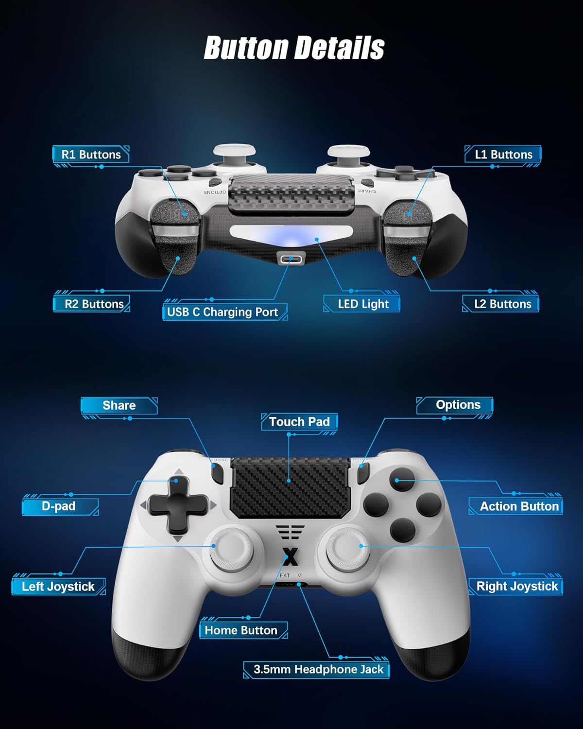 Thumbnail 2 de RUIZHI Sans Fil Manette pour PS4 (P-S4) – Connexion Bluetooth et USB-C, Dual Vibration et Touchpad, 6 Axes Gyroscope, 1000 mAh - Blanc