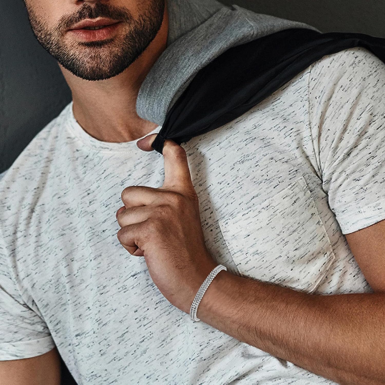 Detalle 2 de JSNOM Bracciale Uomo in Acciaio Inossidabile 316L - Argento/Nero/Oro Grigio, Taglie 19 cm e 21 cm