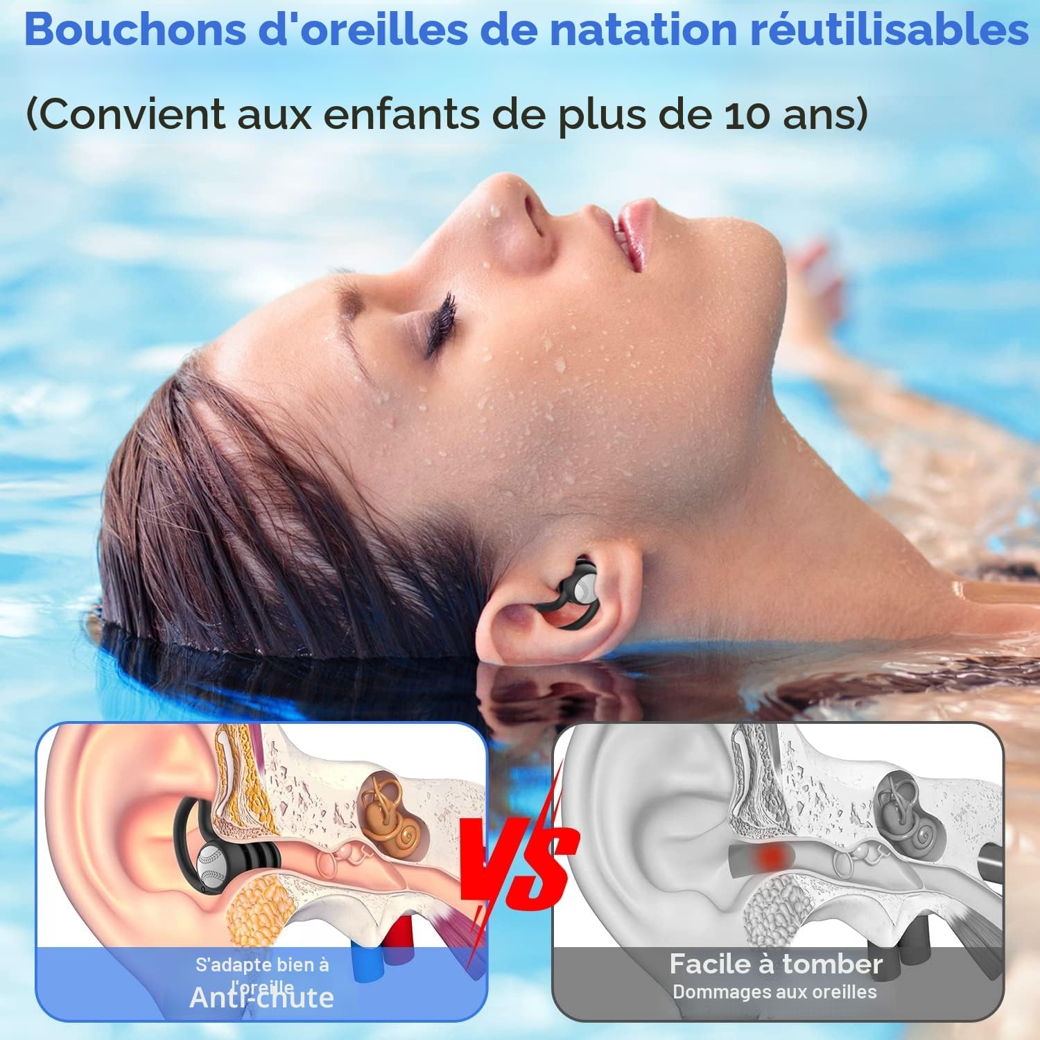 Detalle de Lot de 3 paires de bouchons d’oreille WLSCTY en silicone souple (noir, bleu, vert) pour natation, douche et surf