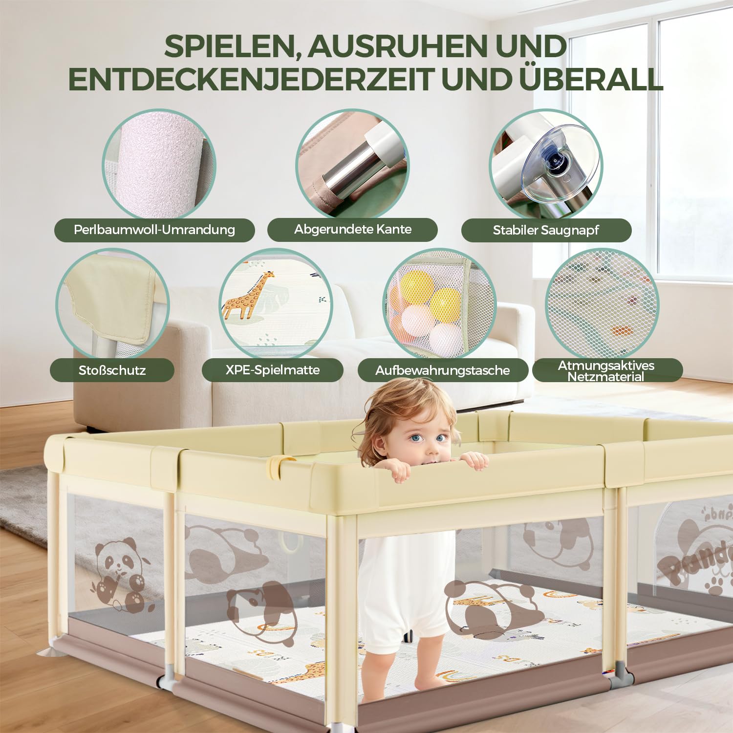 Thumbnail 4 de SOFTHOM Laufstall Baby 150x180 mit Matratze – sicherer, atmungsaktiver Spielbereich mit 360° Sicht
