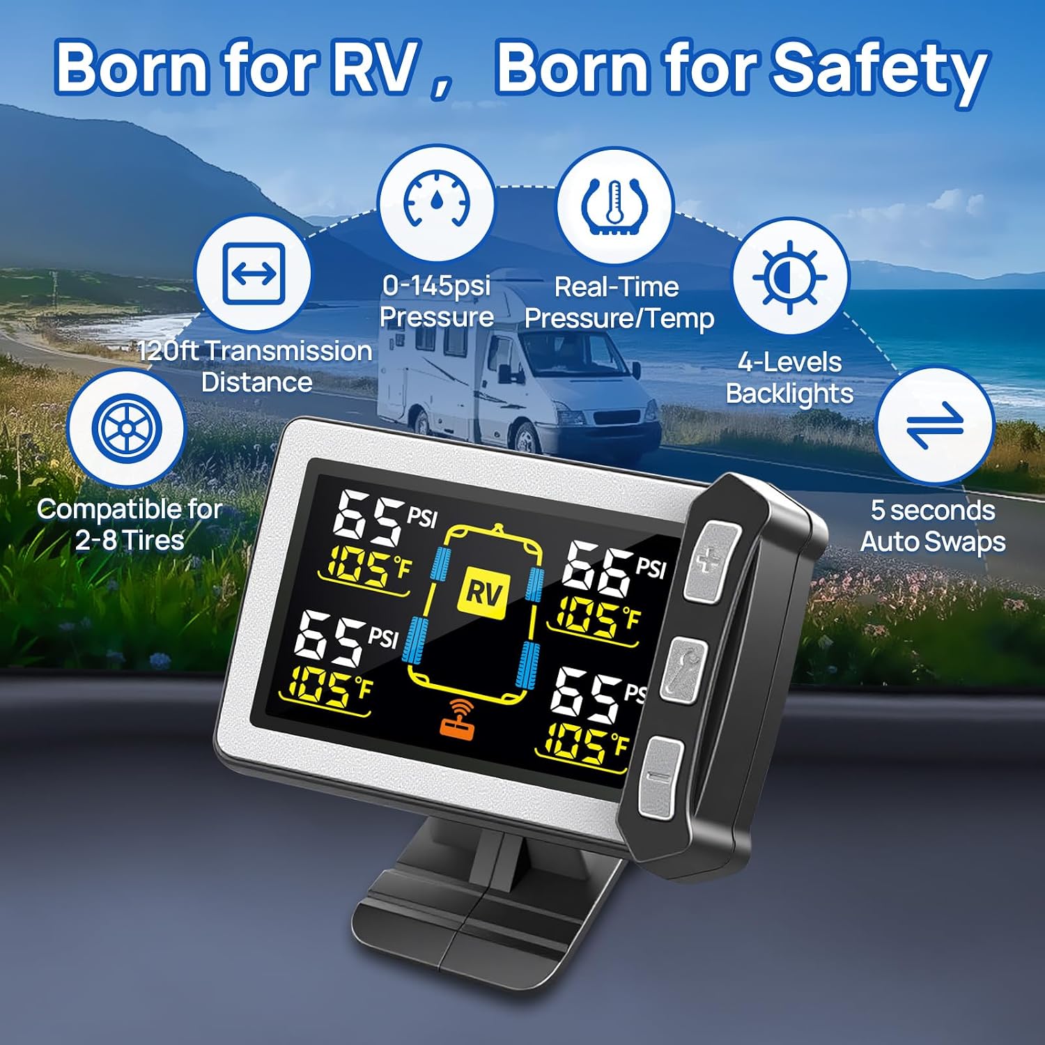 Detalle de Masoll RV Tire Pressure Monitoring System, Gen 2 with 4 Sensors and Color LCD Display