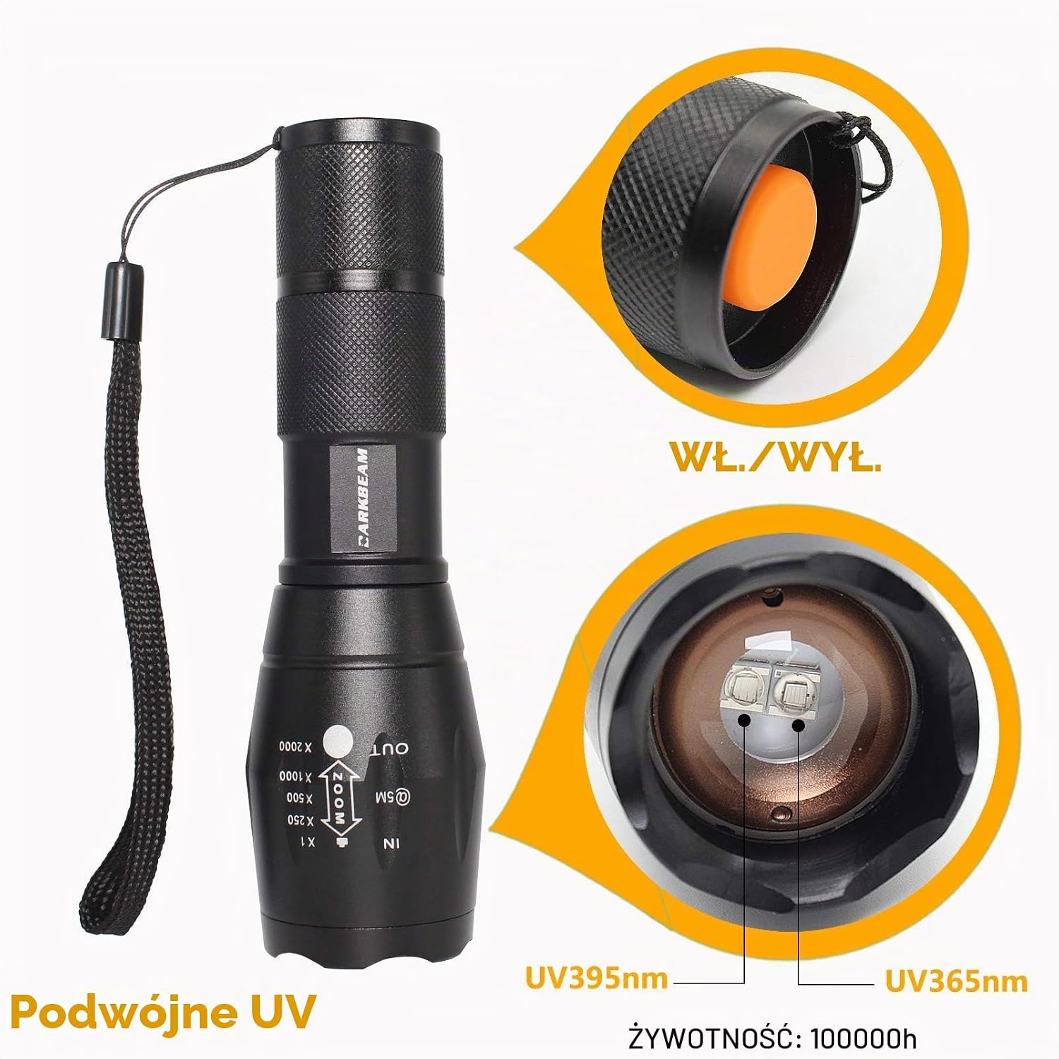 Detalle de DARKBEAM A100 – latarka UV 365/395 nm z regulowaną wiązką, IPX4