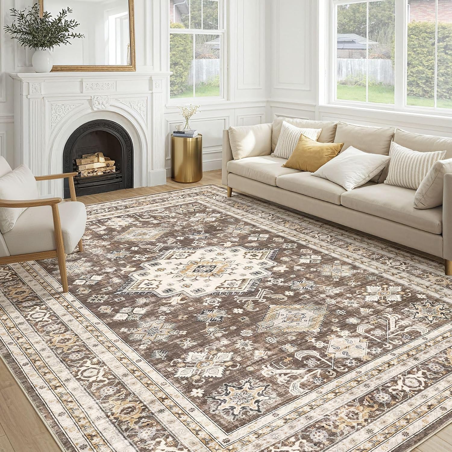 Detalle de Vintage Living Room Area Rug 9x12 in Dark Brown (Traditional, Washable) for Bedroom, Office & More