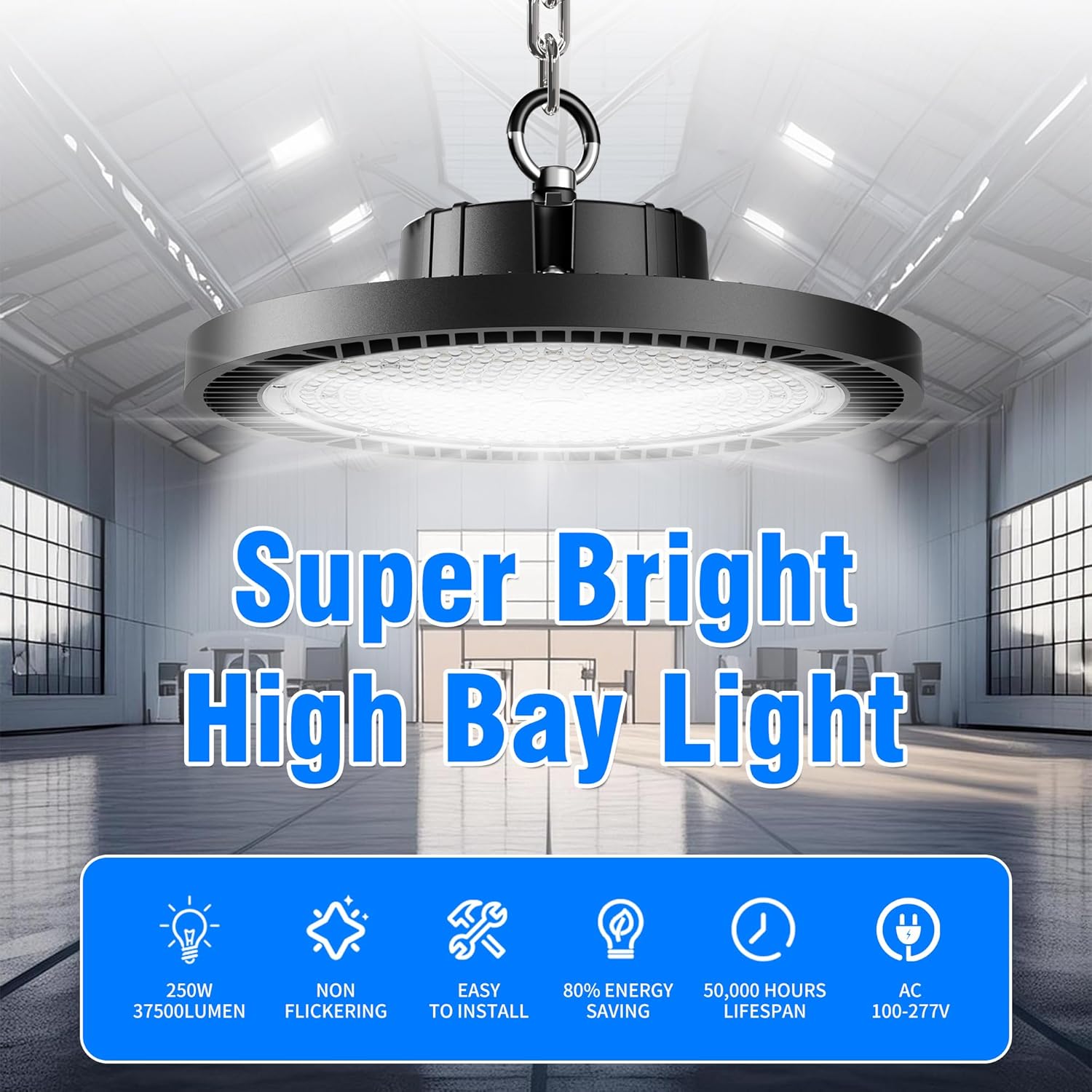 Detalle de Jinshowlux 8-Pack UFO LED High Bay Light 250W: 37,500 lm, 5000K, Plug-and-Play for Large Spaces