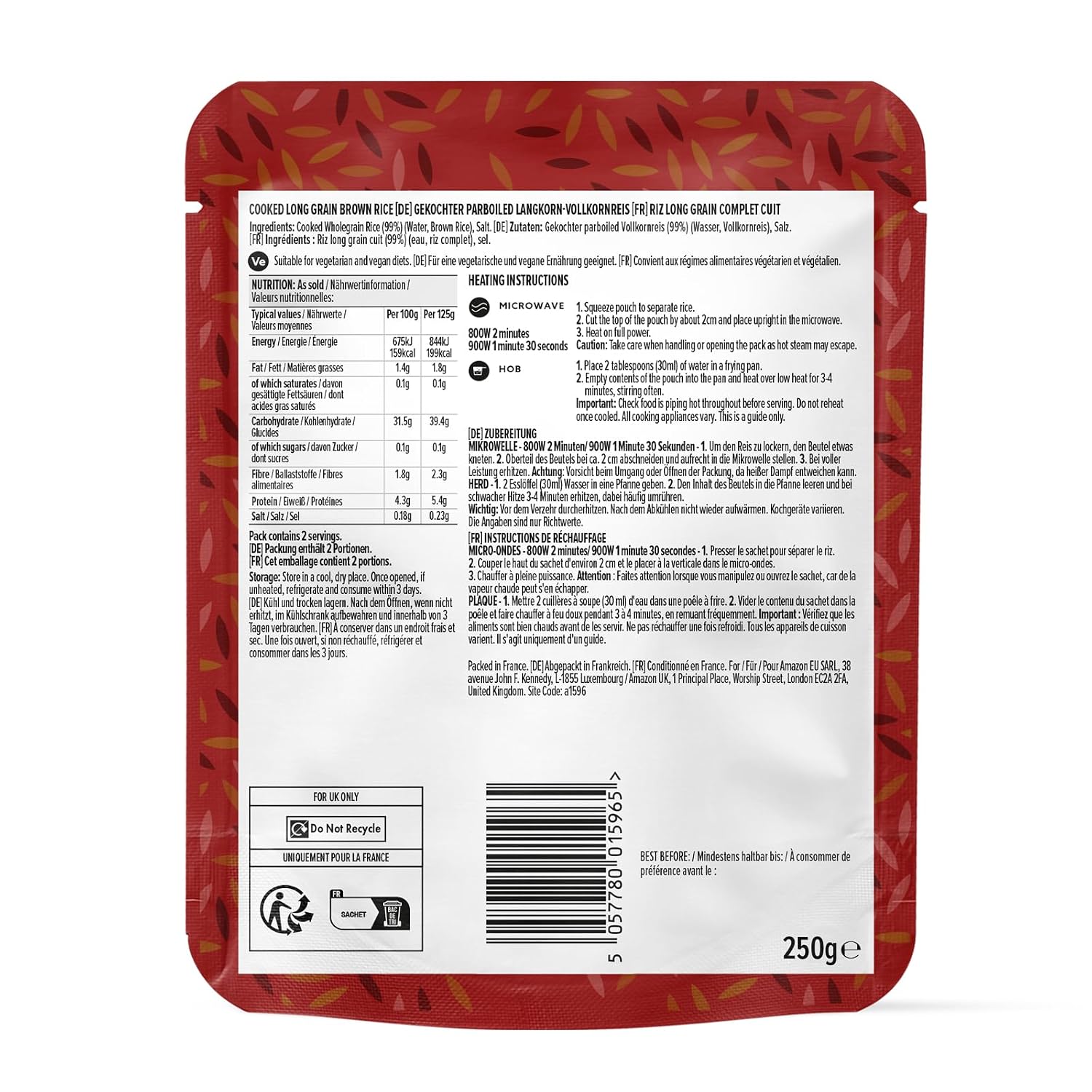 Detalle 2 de By Amazon Vollkornreis, 250 g – Parboiled Langkornvollkornreis, 2 Portionen