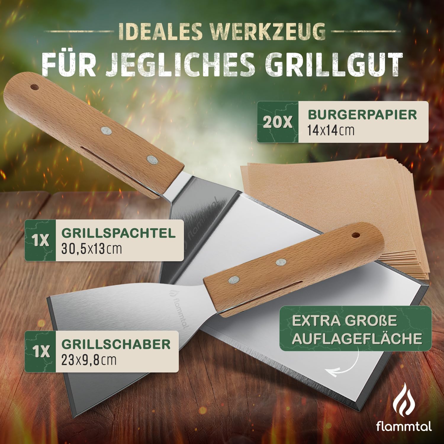 Detalle de Flammtal Smash Burger Set – Edelstahl-Spachtel mit Echtholzgriff und 20 Burgerpapier