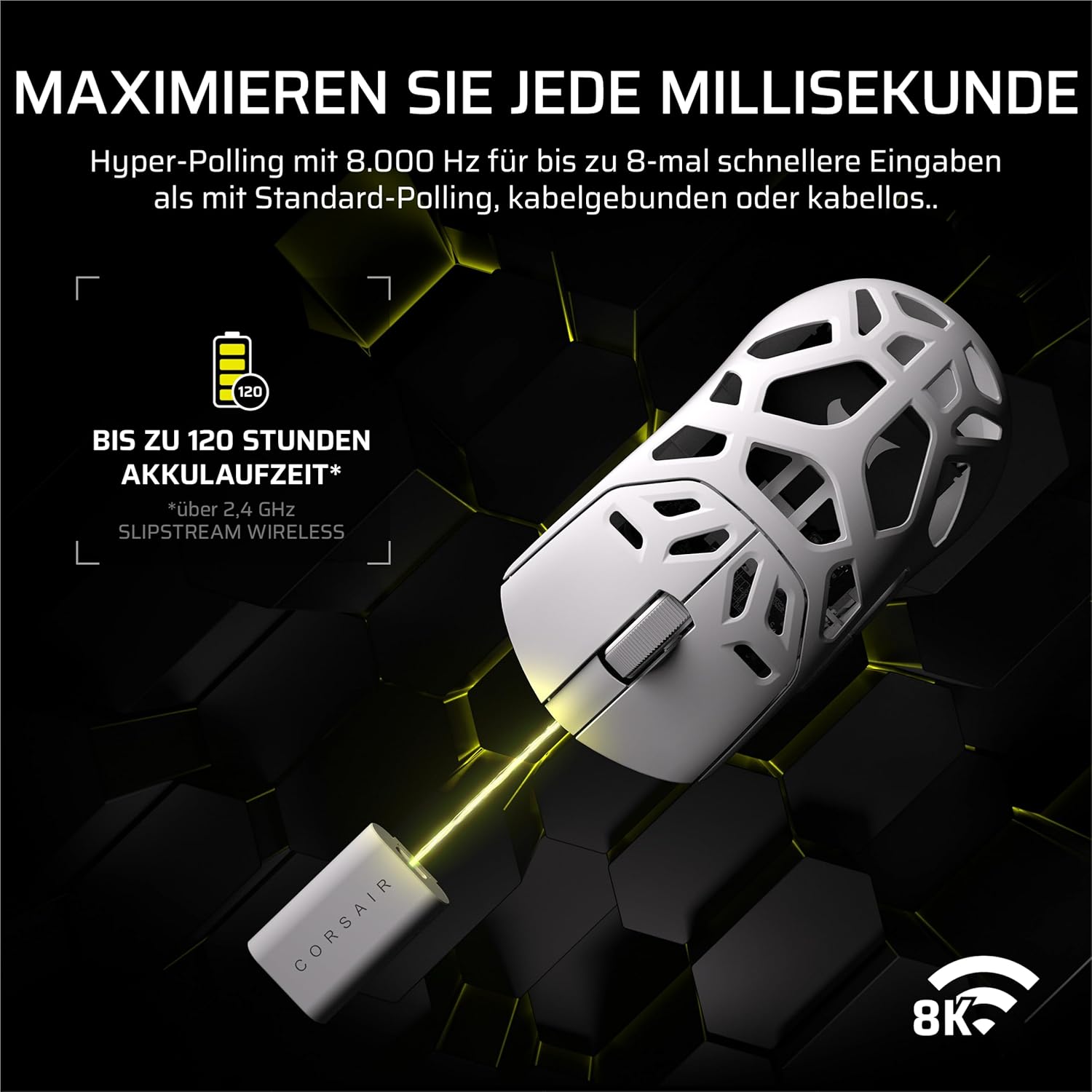 Thumbnail 4 de Corsair Sabre v2 PRO kabellose FPS-Gaming-Maus (weiß) – 33.000 DPI, 8.000 Hz Hyper-Polling, bis zu 120 Std. Akkulaufzeit