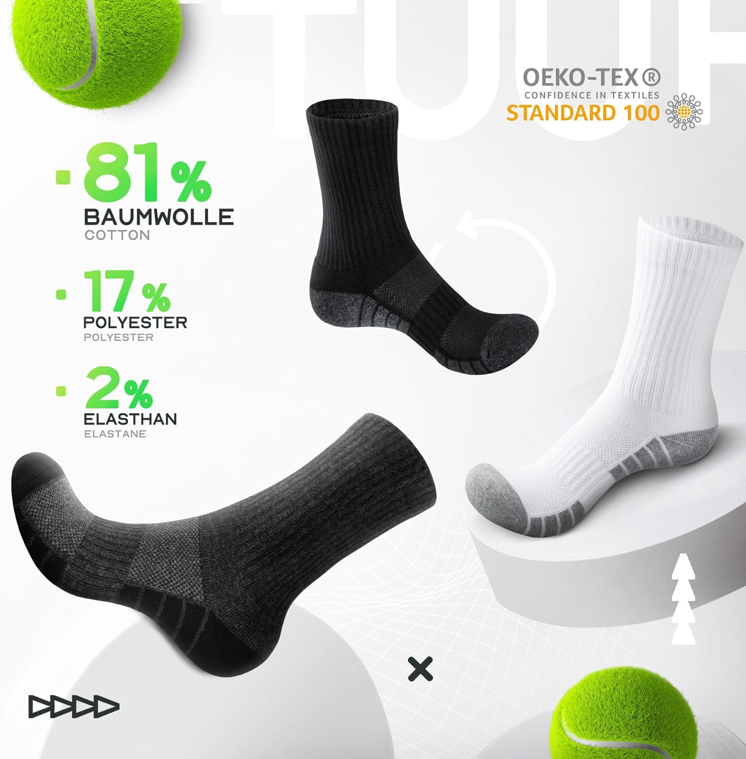 Thumbnail 4 de TUUHAW 6 Paar Tennissocken & Sportsocken (Baumwolle-Mix) in Schwarz/Weiß/Grau