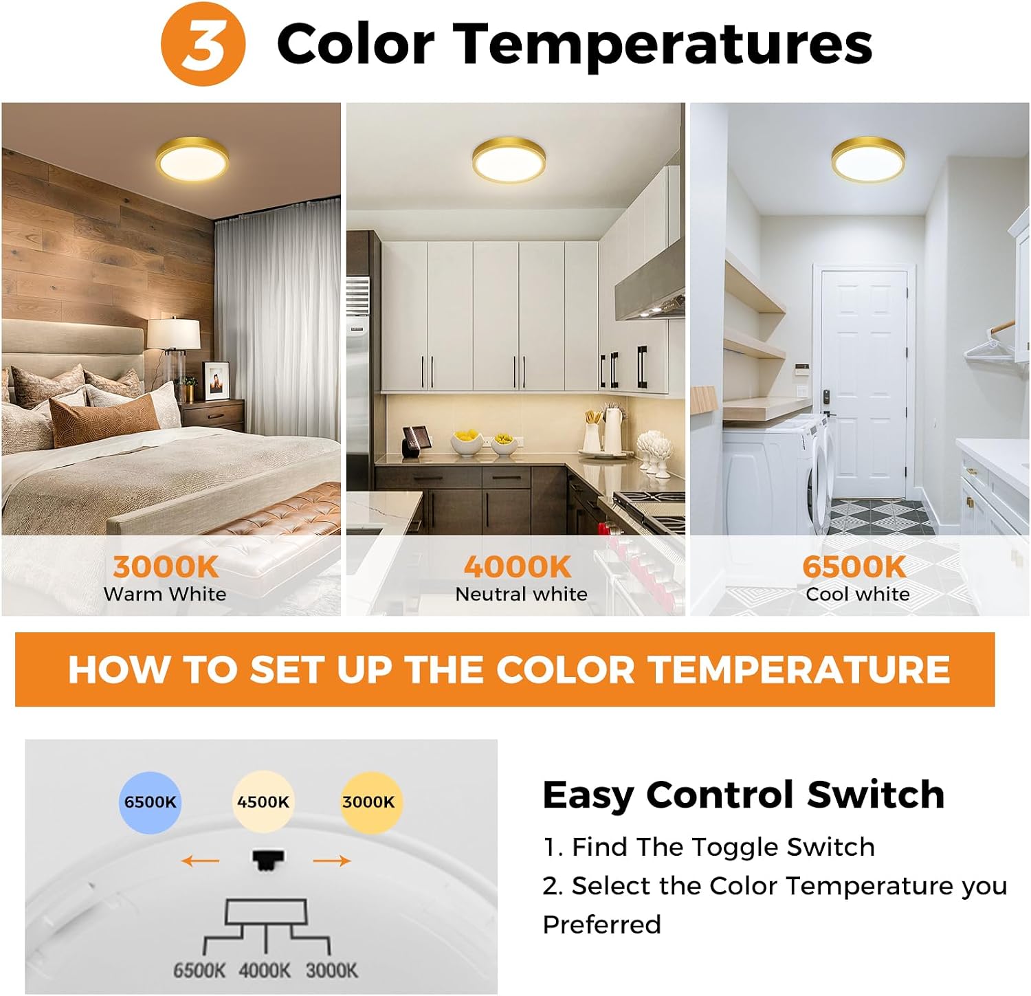 Detalle de slochi Bathroom Light: 3‑in‑1 Colour Temperature, 18W, 22cm Round Flush Ceiling Light (Gold)