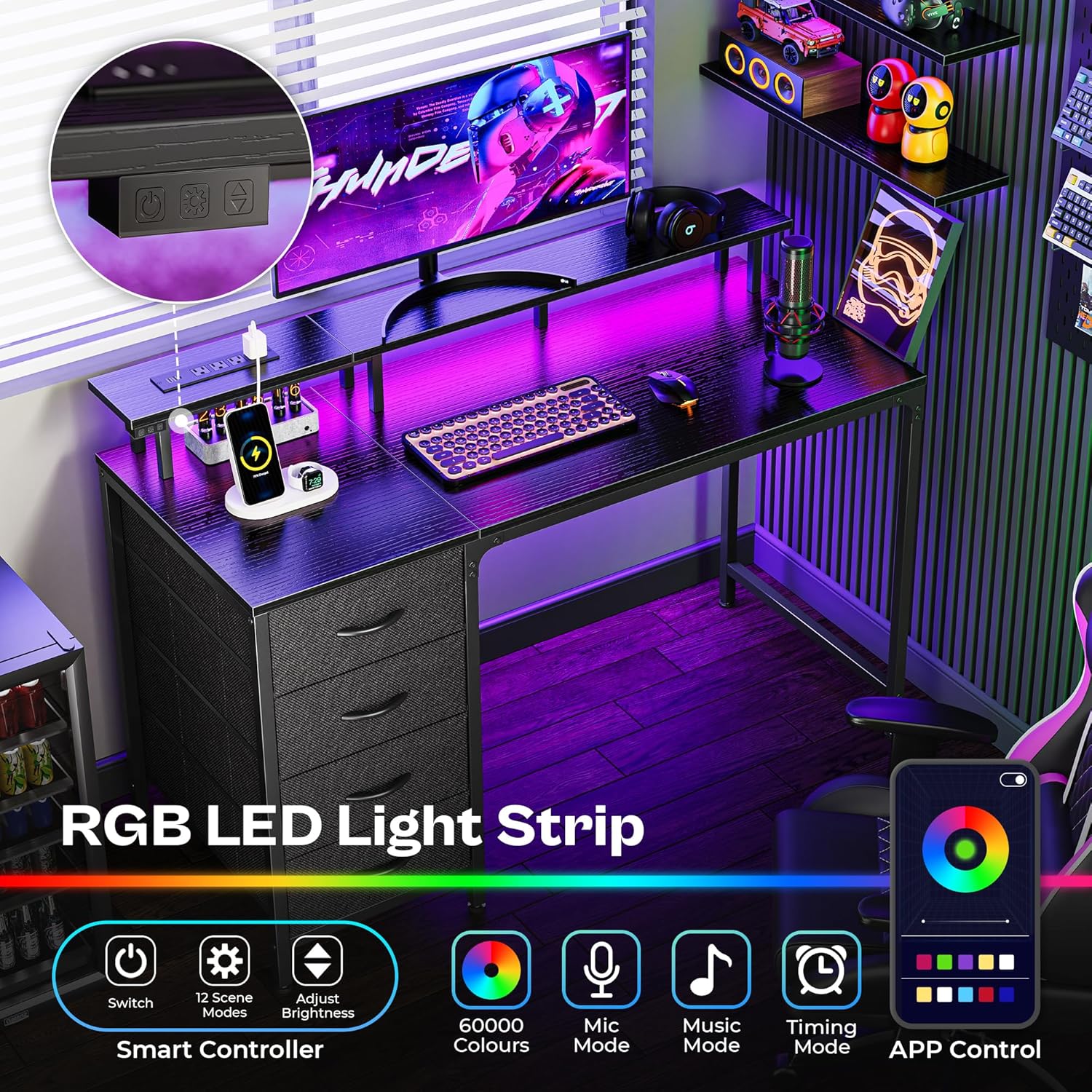 Thumbnail 3 de Huuger 47 Inch Computer Desk with Power Outlets and LED Lights (4 Drawers, Monitor Stand)