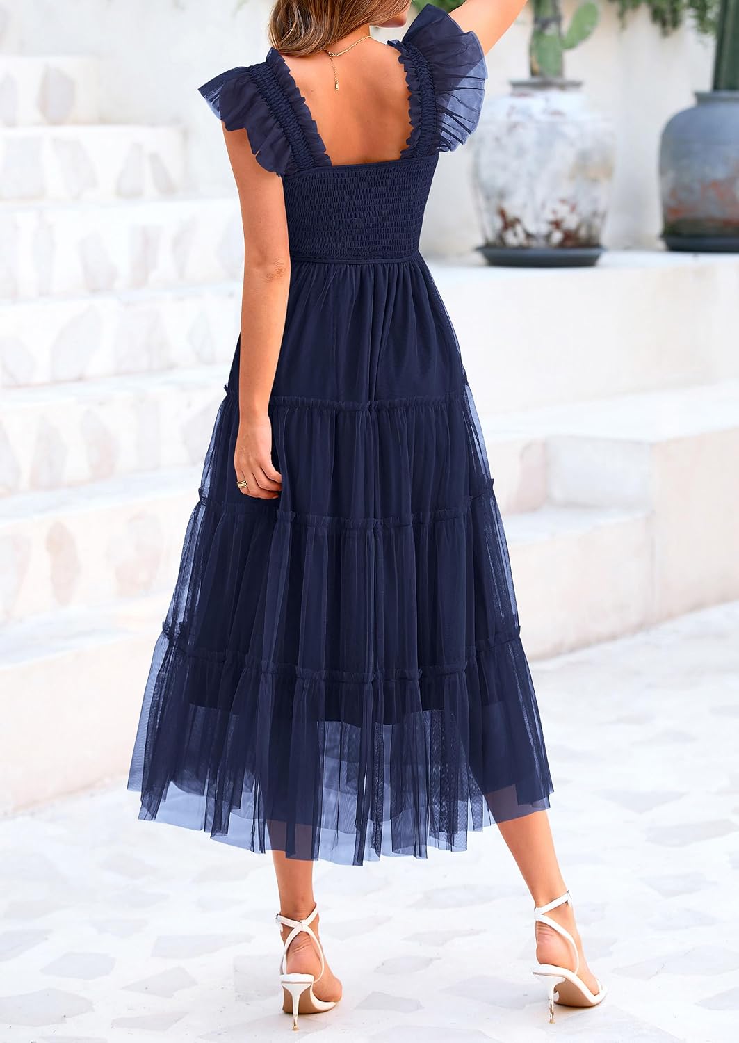 Detalle de PRETTYGARDEN Women's Summer Tulle Midi Dress - Sleeveless Smocked Ruffle Flowy Mesh Sundress