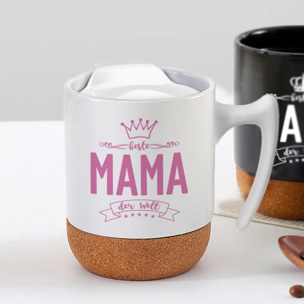 Detalle de Muttertagsgeschenk: Kaffeetasse mit Deckel und Untersetzer – Beste Mama der Welt, 350 ml