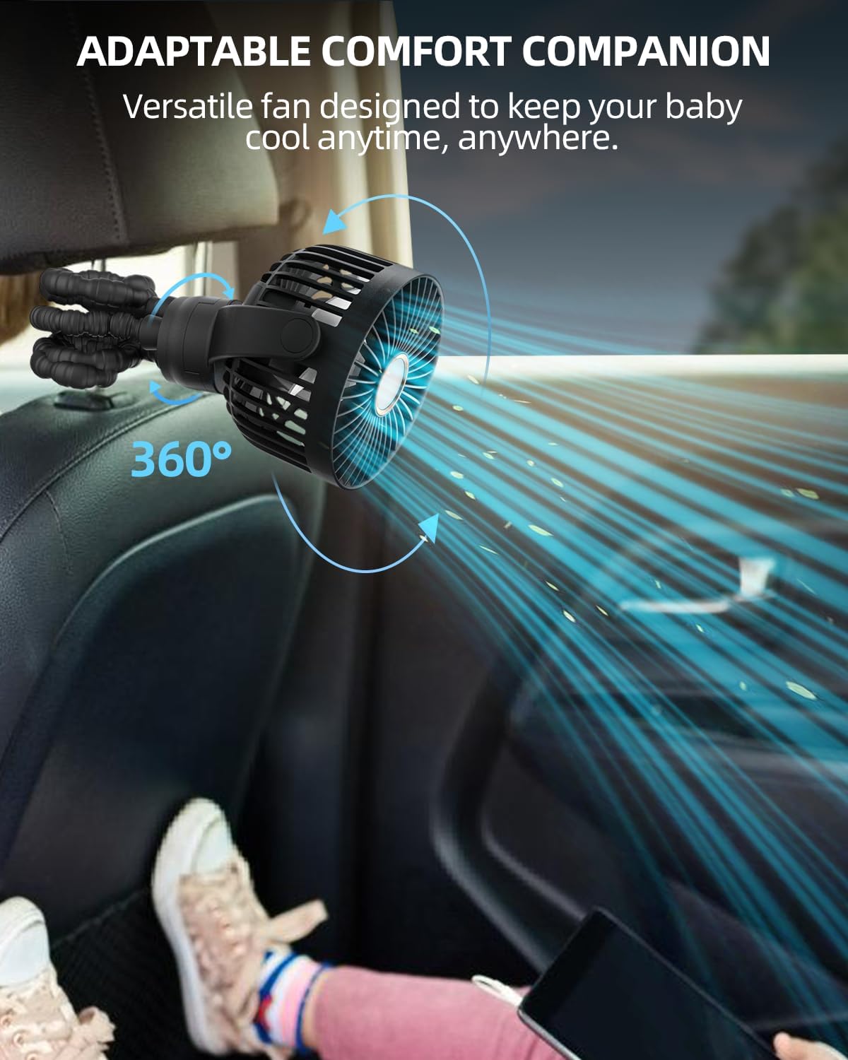 Detalle de Buywoo Portable Stroller Mini Fan — 3-Speed, 360° Rotatable, Rechargeable