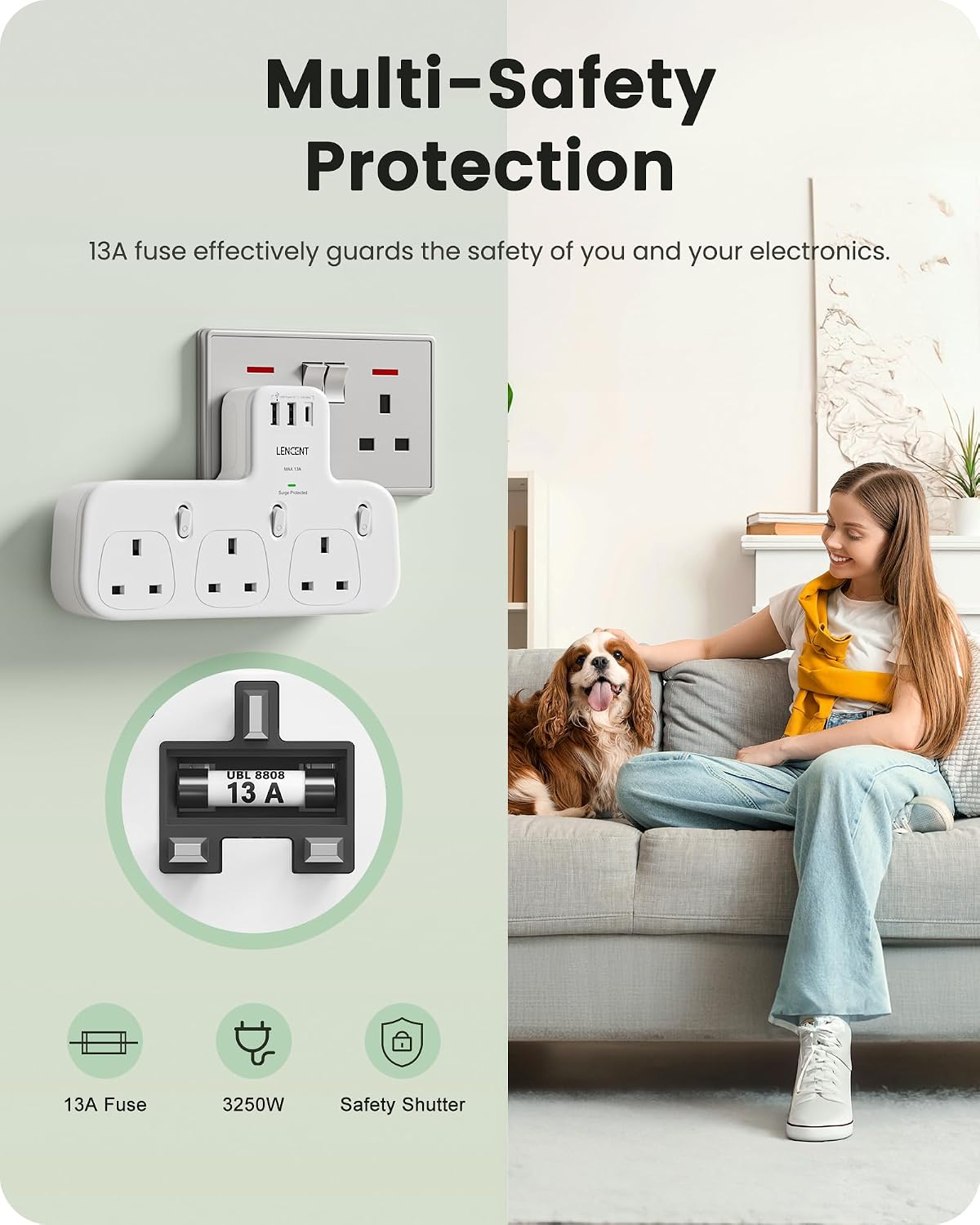 Thumbnail 6 de LENCENT 3-Way Plug Extension with Surge Protection, 1 USB-C and 2 USB-A Ports (13A, 3250W)