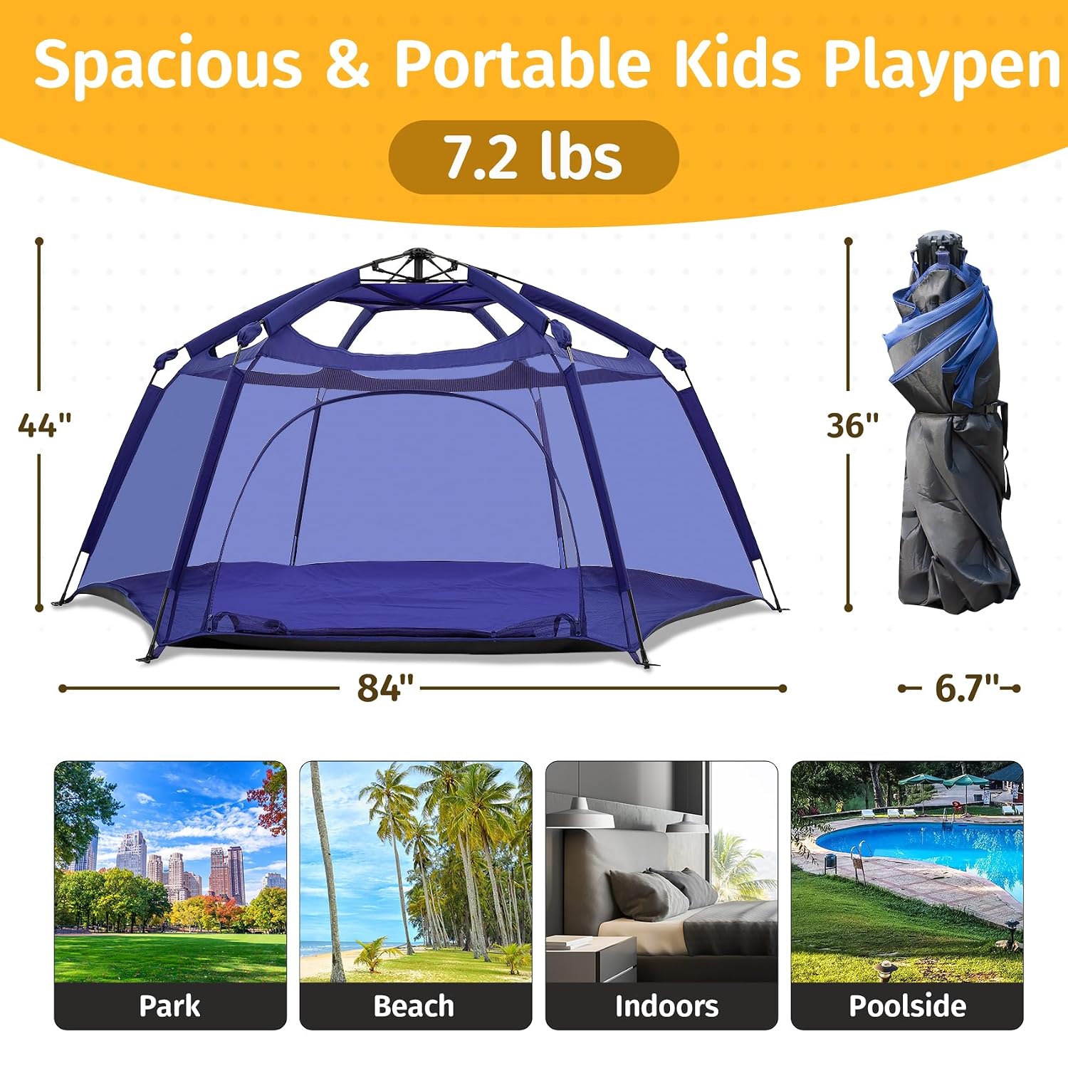 Detalle de Alvantor Baby Playpen Pop Up Play Yard (84x84x44) Large Mesh Kids Play Pen with Canopy, Navy