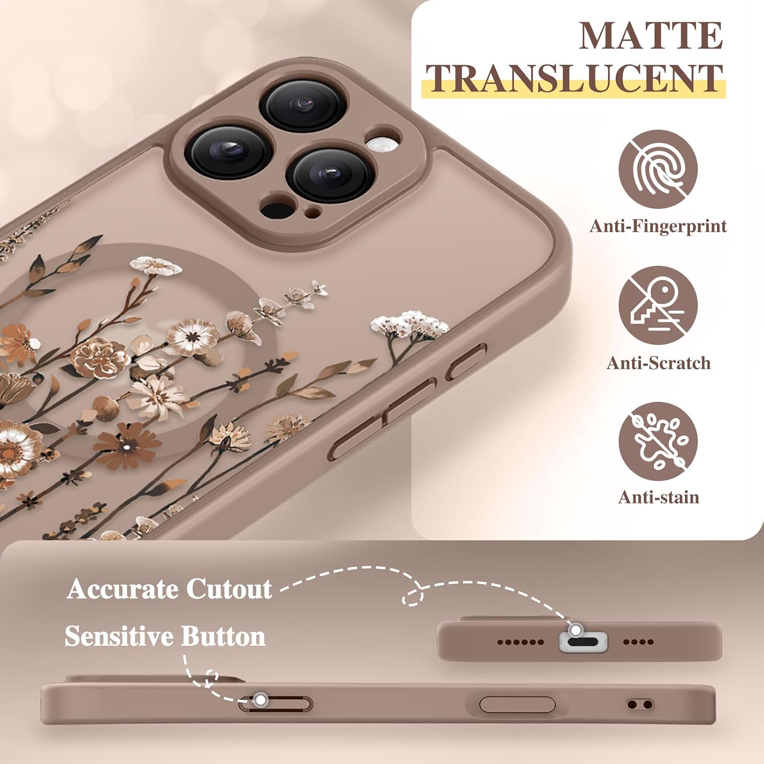 Thumbnail 5 de GVIEWIN iPhone 16 Pro Max Case with MagSafe and Full Camera Protection (Floratopia/Brown)