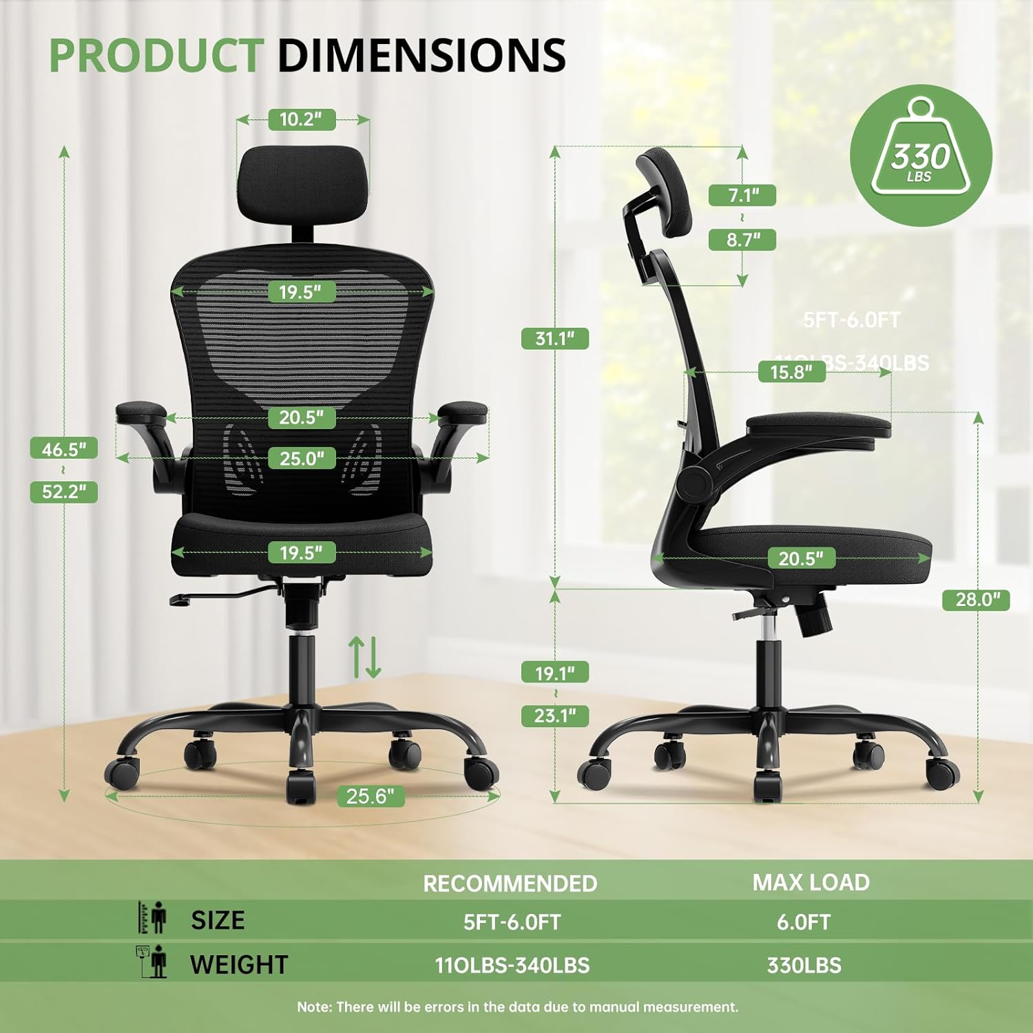 Thumbnail 1 de Office Chair Ergonomic Desk Chair (330LBS Capacity) High Back Computer Chair with Flip-up Armrests, Black