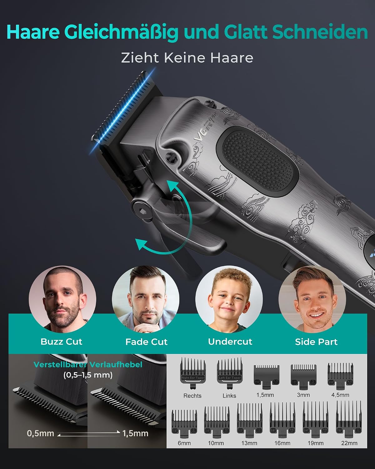 Detalle de VGRPRO Haarschneidemaschine Profi – kabellos, LED-Anzeige, 11 Führungskämmen, Etui